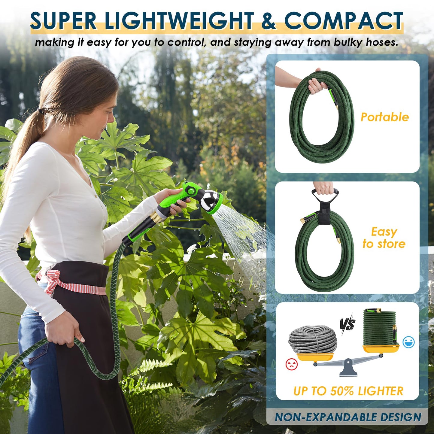 FLOERXIS Non-Expandable Garden Hose 100 FT, Lightweight Hose with 10 Function Spray Nozzle, Kink-Free Flexible Water Hose, Durable, Leak-Proof, 360° Swivel Connectors, Portable Storage Strap