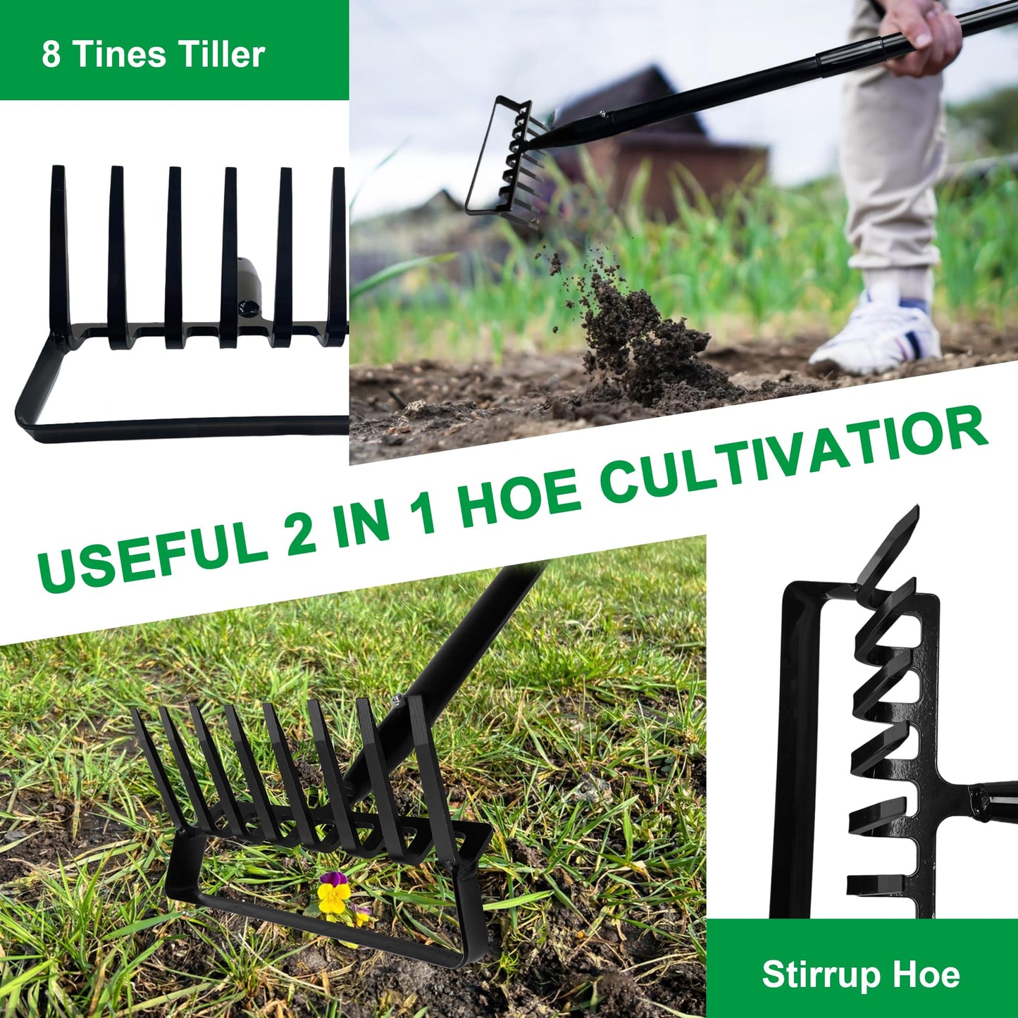 8-Tines Rake and Stirrup Hoe, Metal Garden Tiller Rake with Adjustable Long Handle, Action Scuffle Loop Hoe for Weeding, Digging, Loosening Soil