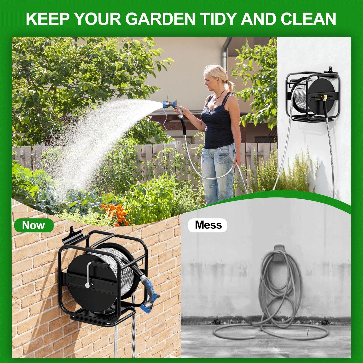 SPECILITE Upgraded Metal Garden Hose Reel With 100 Ft 304 Stainless Steel Water Pipe, Heavy Duty Anti-UV Wall Mount/Freestanding Spool with Nozzle, 3/4'' Brass Fittings, 360° Rotation Frame for Yard