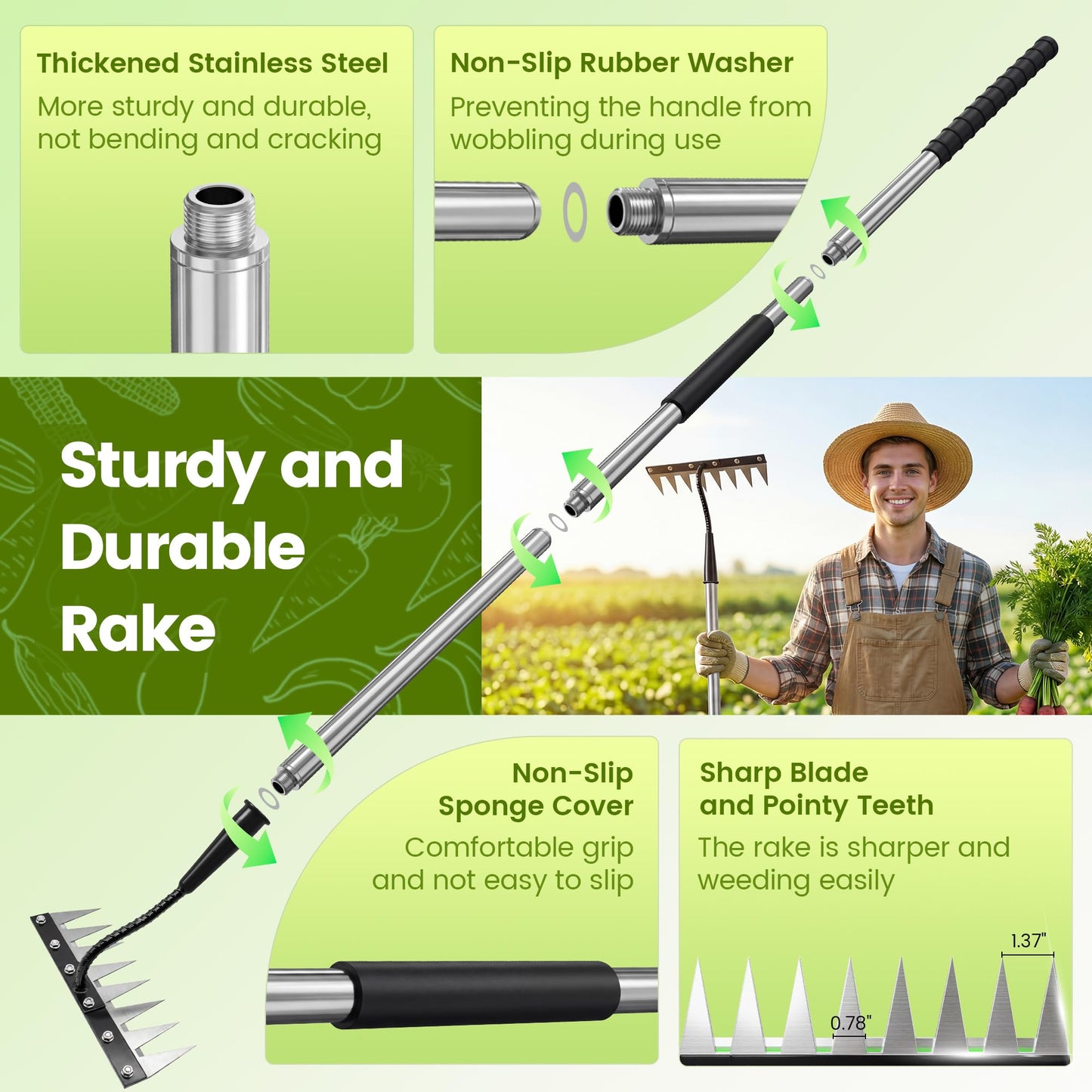 YALEENT Iron Weeding Rake with Long Handle - Upgraded 8 Teeth Weed Puller Tool, Heavy Duty Manual Weeder Remover Tool for Weeding, Cultivating & Soil Aeration