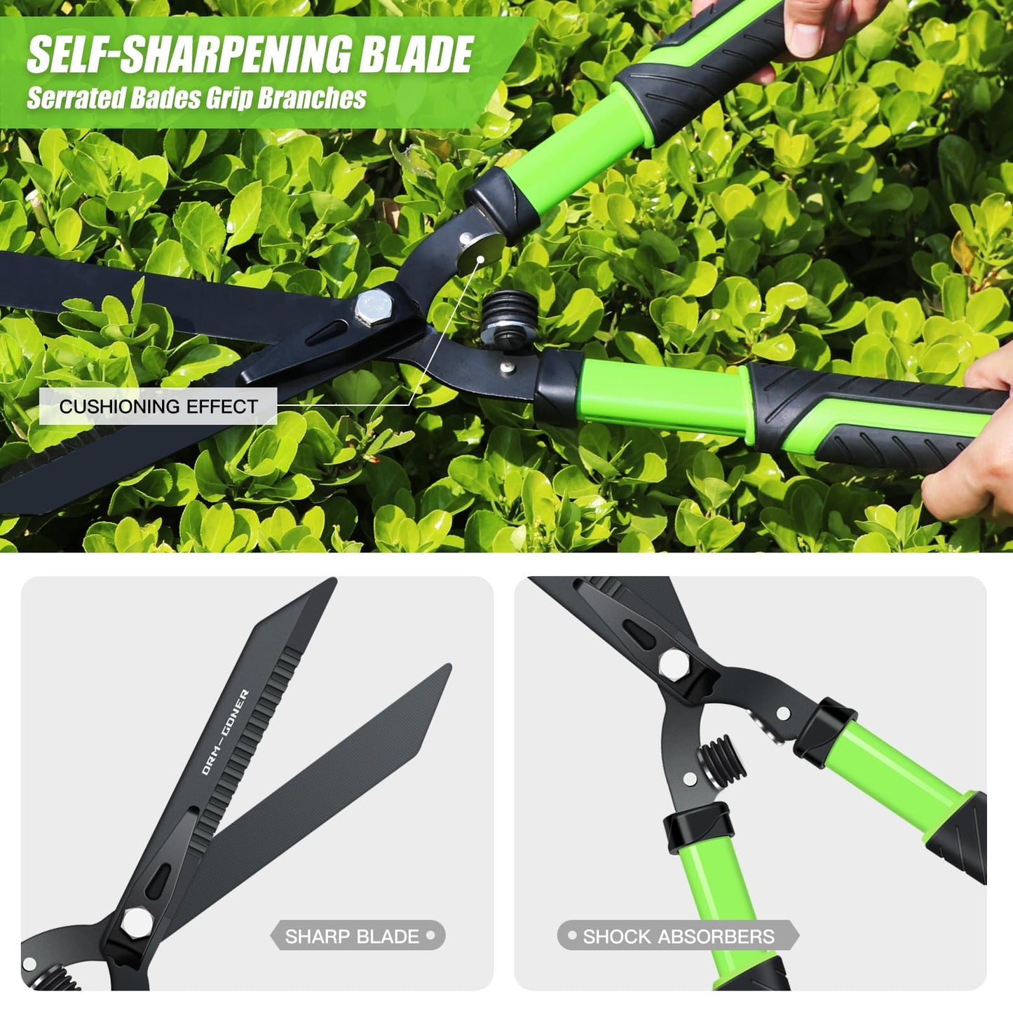DRM-GDNER Professional Heavy Duty Hedge Shears 23" - Serrated Blade & Dual Shock Handle, Ergonomic Gardening Clippers with Anti-Rust Coating