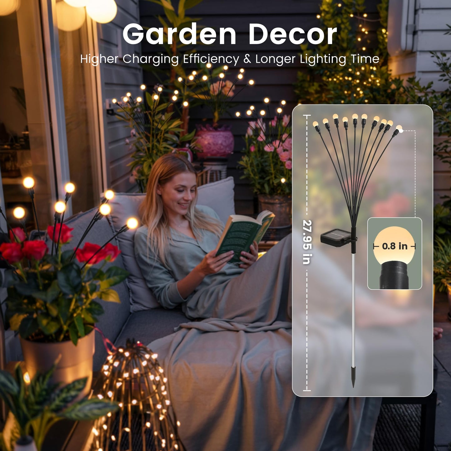 PATIOPIA Solar Garden Lights, LED Swaying Solar Lights Outdoor Waterproof, Warm White Firefly Outdoor Decorative Lights, Garden Decor, Yard, Patio, Pathway Decoration Gardening Gifts (2 Pack)
