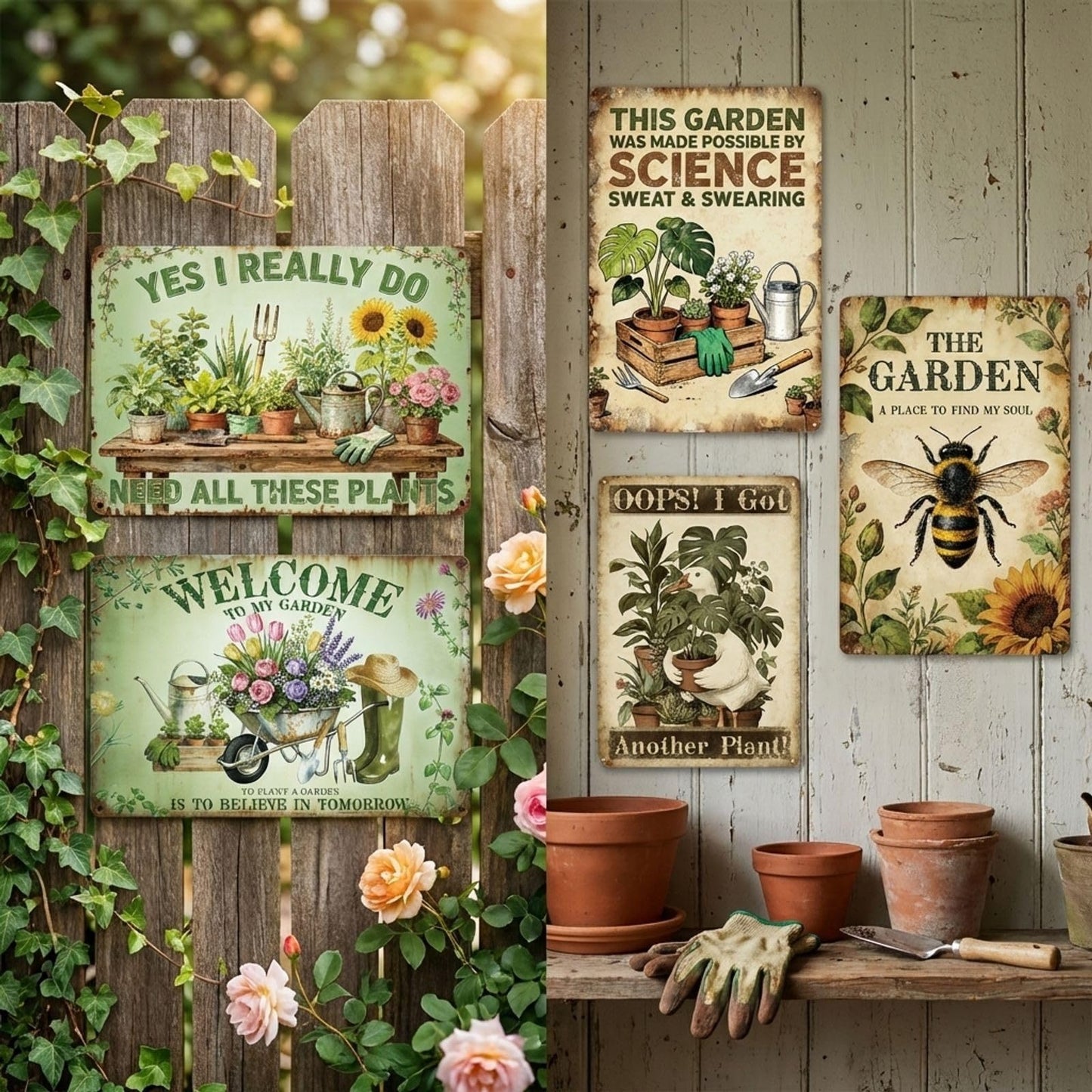 Gardening Gifts - 5 Pcs Unique Metal Garden Decor for Women, Mothers, Grandmas, and Plant Lovers, Garden Welcome Signs for Outdoor, Patio, Yard Decoration, 11.8" x 7.9" Inches