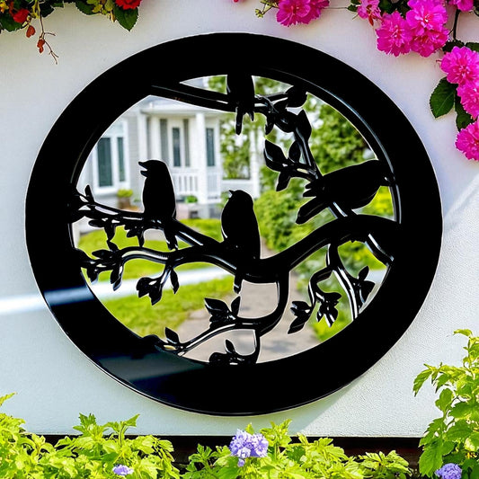 Super Cool Creations Round Mirror Bird Wall Art, Black Decorative Garden Panel with Tree Branch Design, Garden Decor, 38cm