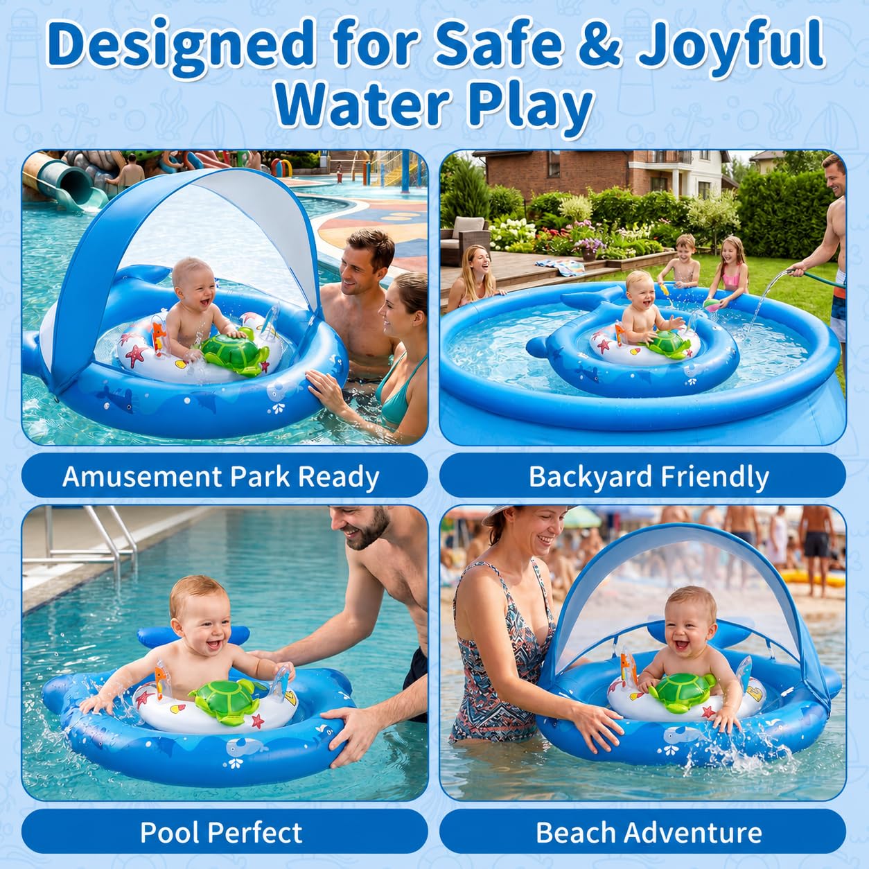 Inflatable Baby Pool Float with Sun Canopy, UPF50 Sun Protection, Portable & Easy to Store, Padded Safety Seat with, Includes Air Pump, with Toys Baby Swim Float for 6-36 Months Boys & Girls(Blue)