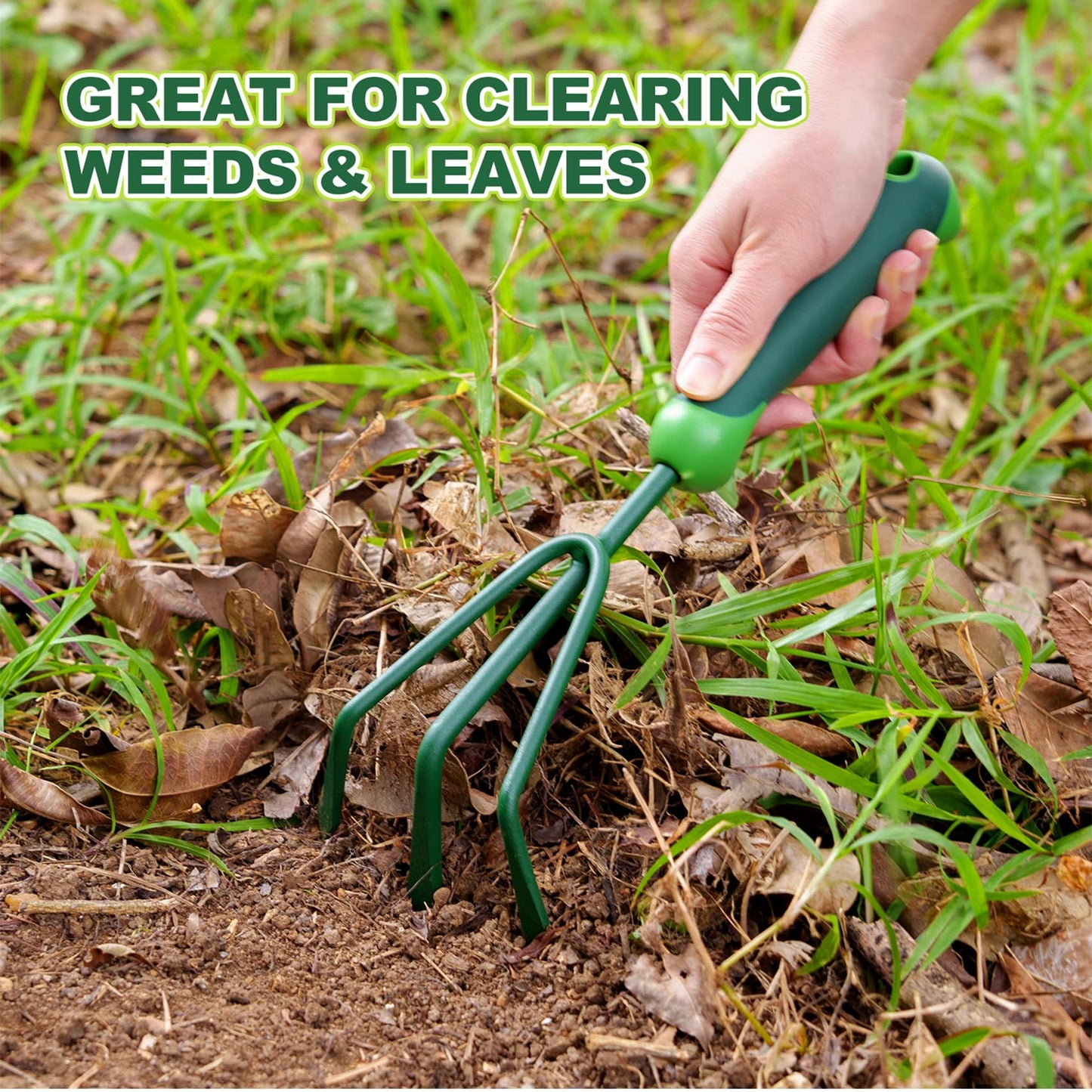 Owlett Garden Hand Rake, 3 Prong Hand Cultivator Garden Tool with Ergonomic Rubber Handle, Manual Small Hand Rake Soil Tiller for Digging, Aerating Soil, Weeding, Cultivating with Hanging Hole