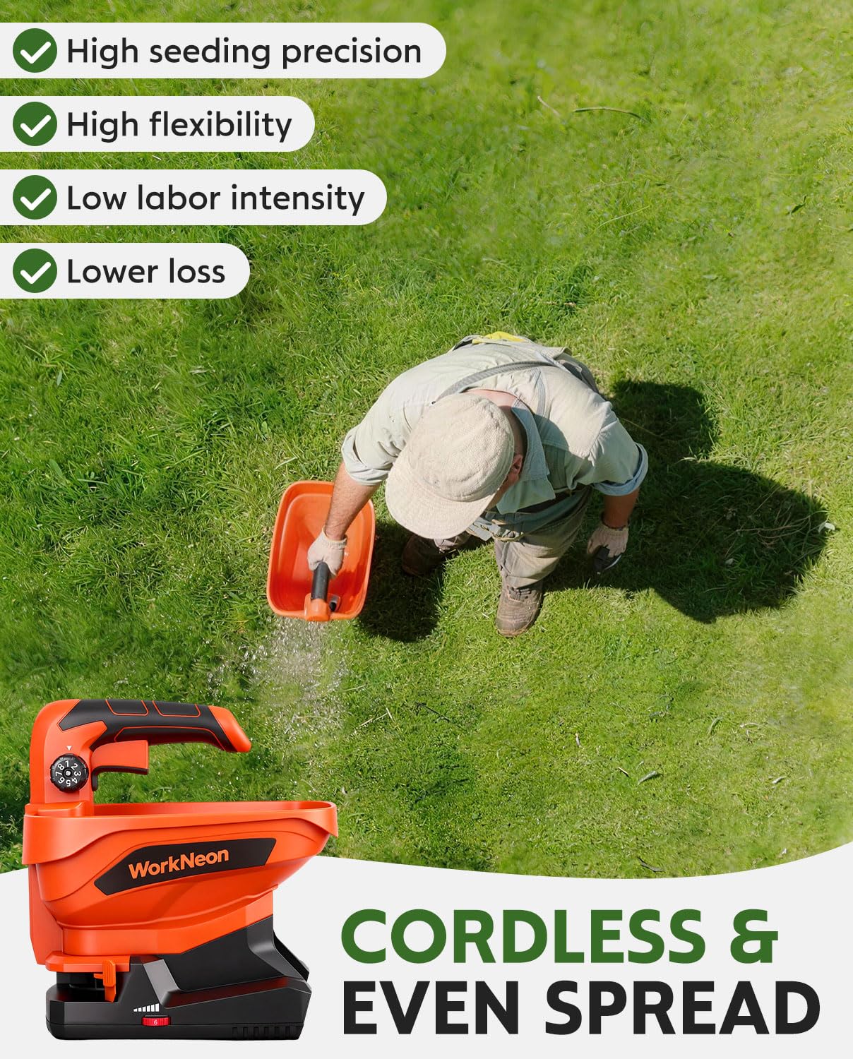 WorkNeon Battery Powered Seed Spreader, Handheld Power Spreader for Lawns, Rechargeable 7.2V Grass Spreader with 8-Level Settings and 3.3L Large Capacity for Snow, Rock Salt, Lawn, Garden