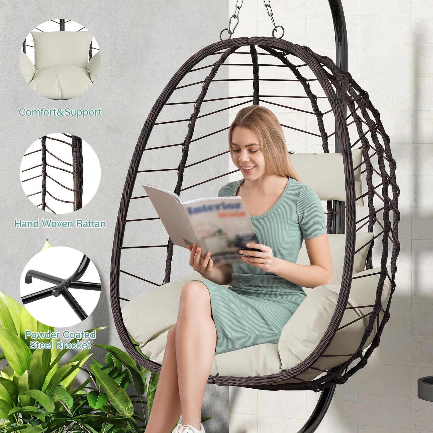LEX CRAFT Hanging Egg Chair with Stand, Swinging Egg Chair Outdoor Indoor, Hanging Basket Chair with Cushion, Patio Wicker Hammock Chair 350lbs Capacity for Porch, Balcony, Backyard, Garden (Beige)