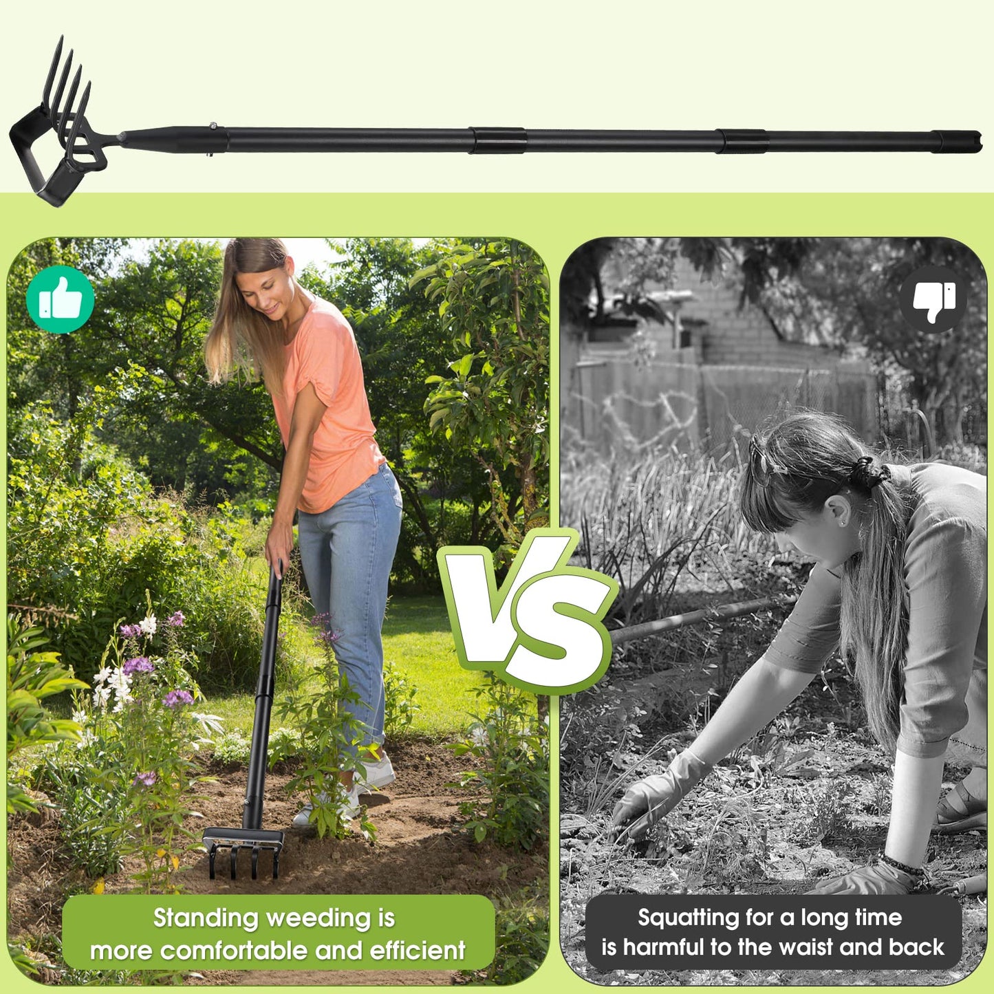 Garden Hoe, 4 Tines Hand Weeding Hoe Garden Tool and Cultivator Long Handle 62", Action Stirrup Scuffle Field Digging Hoe Heavy Duty for Lawn Gardening Weed