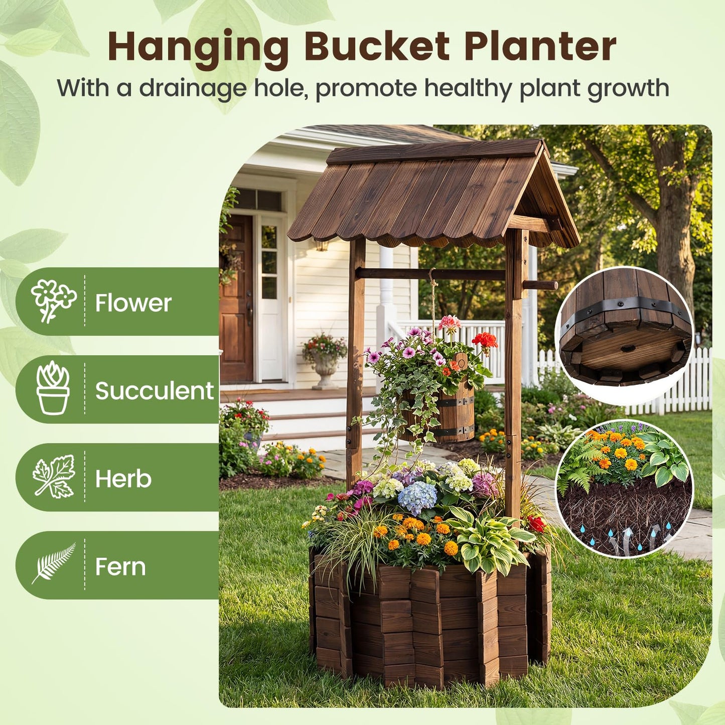 Giantex Wooden Wishing Well Planter with Hanging Bucket, Carbonized Fir Wood Outdoor Garden Planter for Flowers, Rustic Decorative Flower Pot for Yard Patio Deck Home Decor