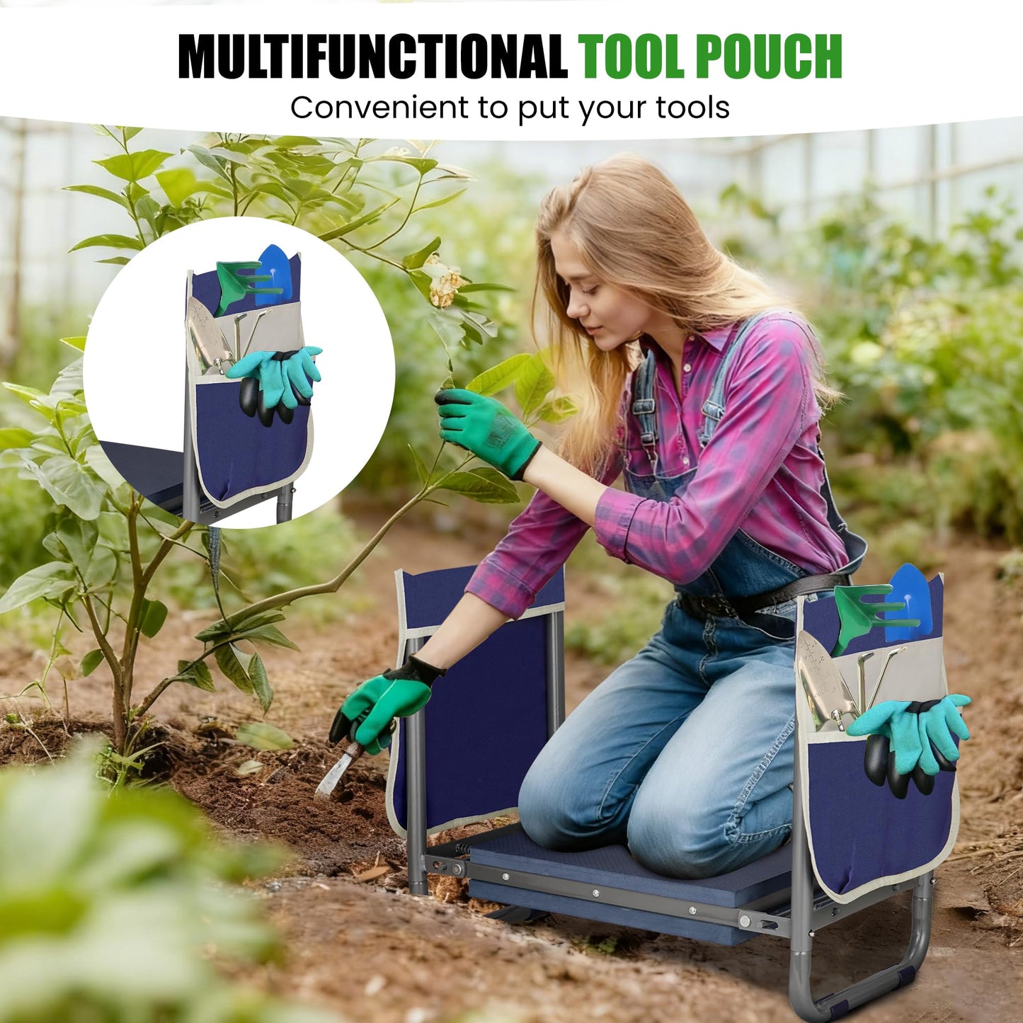 Garden Kneeler and Seat, 10.9" Wide Double-Sided Thick Knee Pad , Heavy-Duty Foldable Gardening Stool, 2 Large Tool Bags, Prevents Knee and Back Pain, Portable Garden Bench, Gifts for Women, Seniors