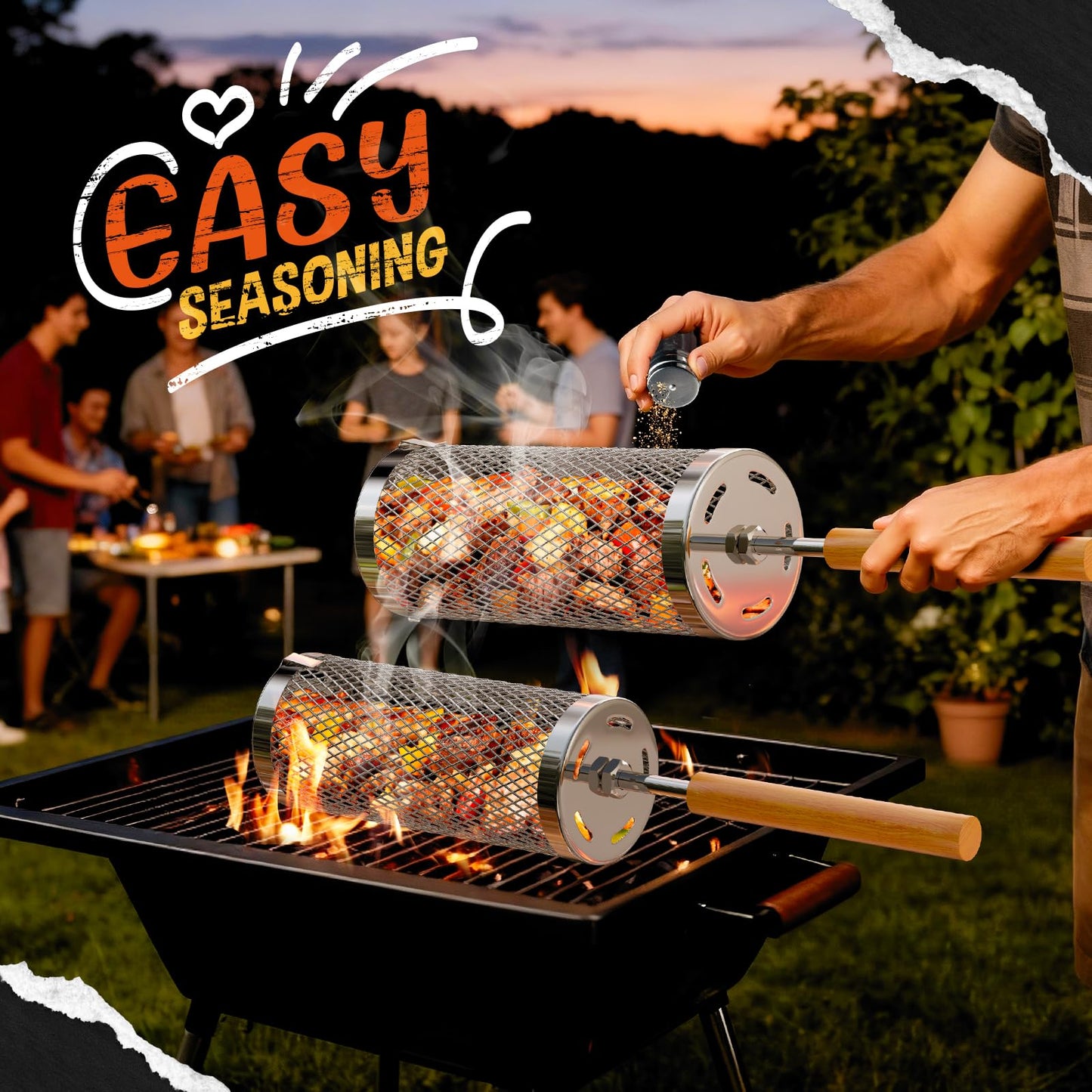 Basinel Rolling Grill Basket 2-Pack,304 Stainless Steel Grill Basket with Removable Wooden Handle,BBQ Tool & Smoker Accessory for Veg & Shrimp,Ideal for Outdoor Cooking,Camping & Gifts for Dad/Husband/Men