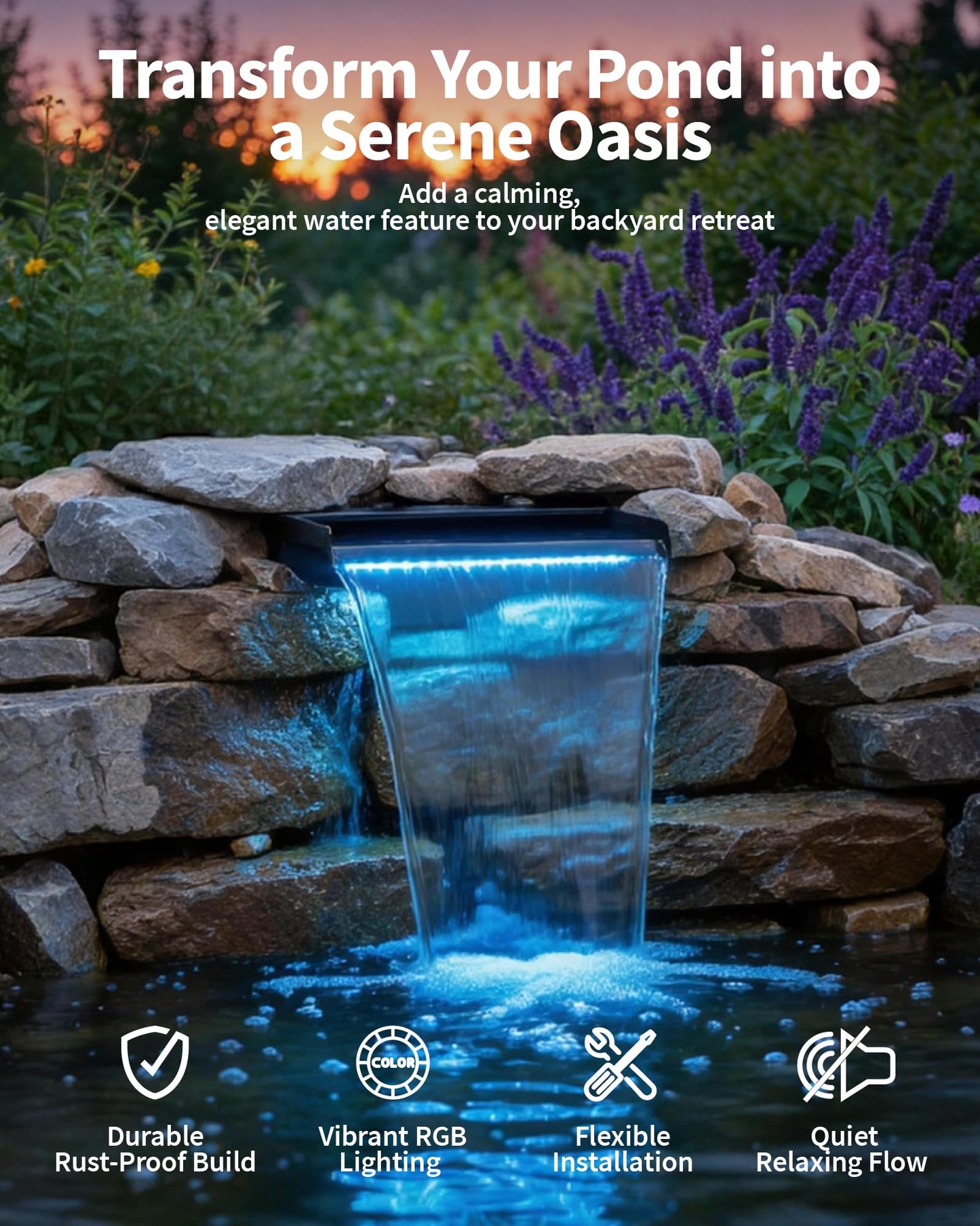 POPOSOAP 12inch Pond Waterfall Spillway with RGB LED Lights & 660GPH Pump Kit - APP/Remote Control, 304 Stainless Steel Pond Spillway with 9.8FT Tubing for Garden Ponds Landscape Water Features-P43DY