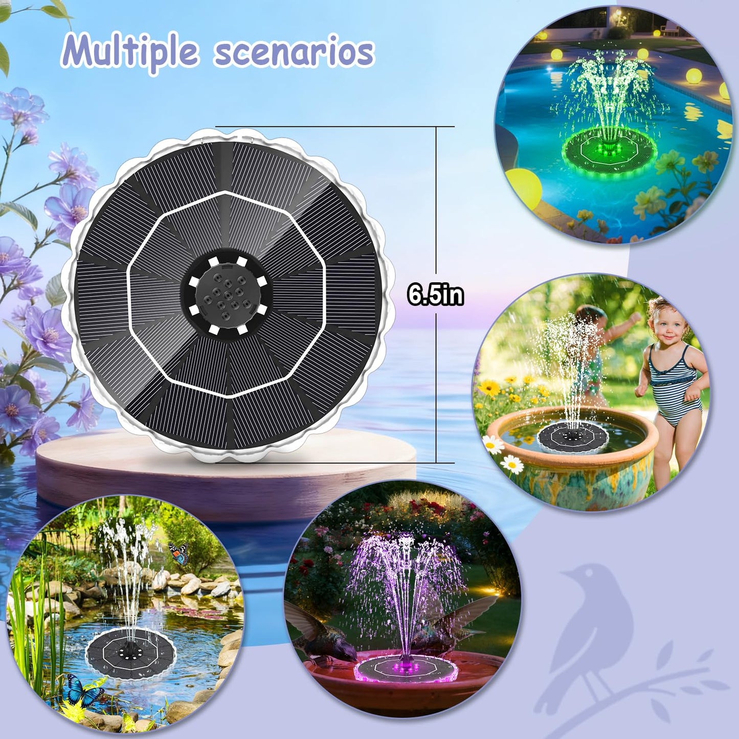 Yzert Solar Fountain Colorful Ring Lights, 2026 3.5W Solar Water Fountain with 2000mah Battery, Solar Fountain Pump for Bird Bath, Pond, Pool, Outdoor