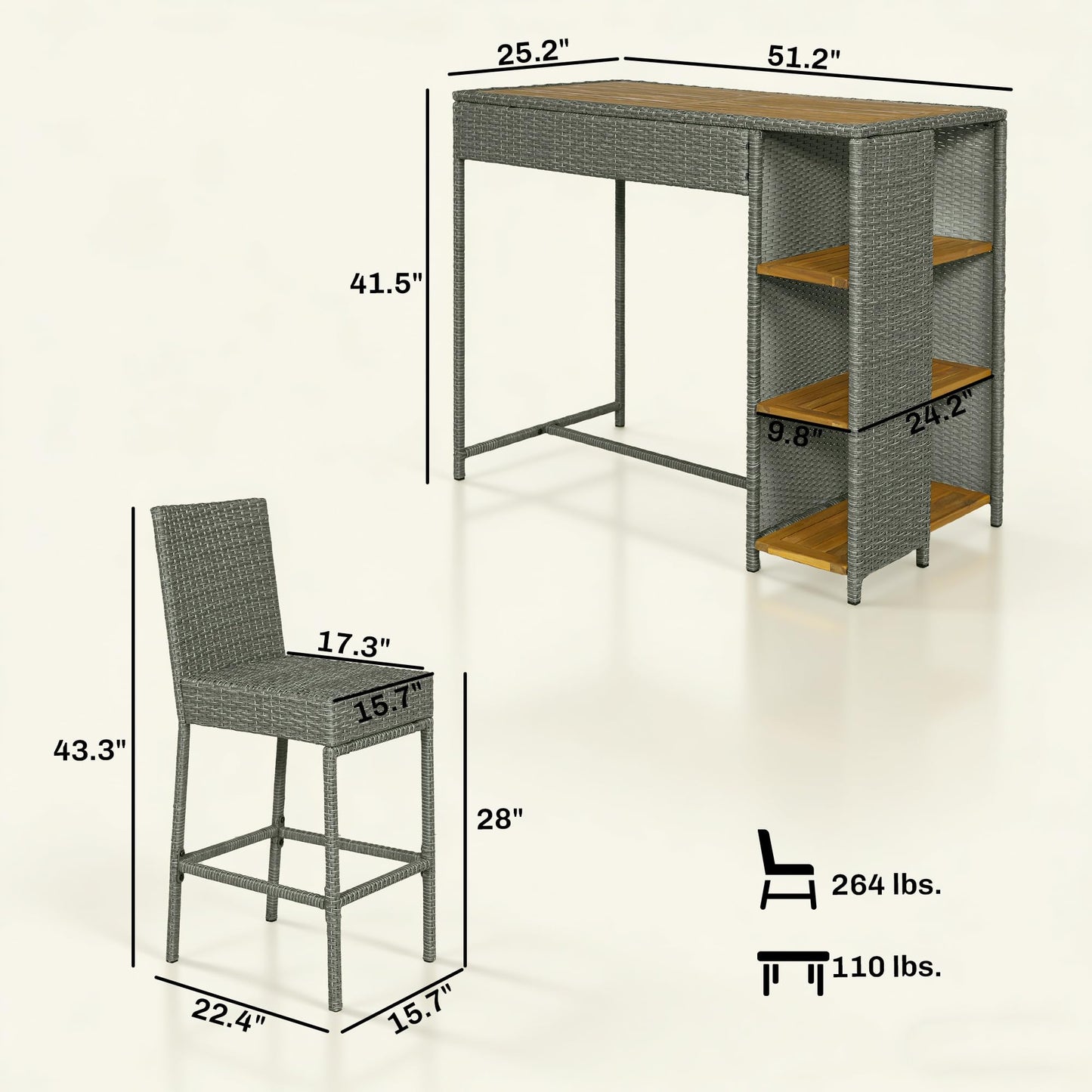 Outsunny 5 Piece Outdoor Bar Set, Wicker Outdoor High Top Table and Chairs, 3 Tier Shelves, Acacia Wood Bar Height Patio Set, 4 Barstools with Cushions, Back, Footrest for Garden, Backyard, Gray