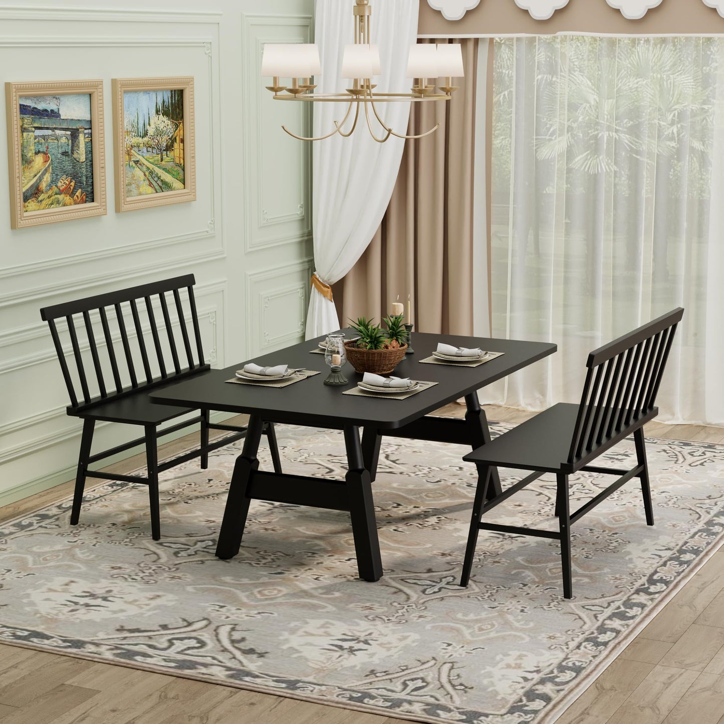 APRTAT Bamboo Entryway Bench, Farmhouse Dining Bench with Spindle Back 3 Person Indoor Bench Chair Wood Windsor Bench Durable Easy Assembly for Foyer Balcony Hallway Living Room (Black)