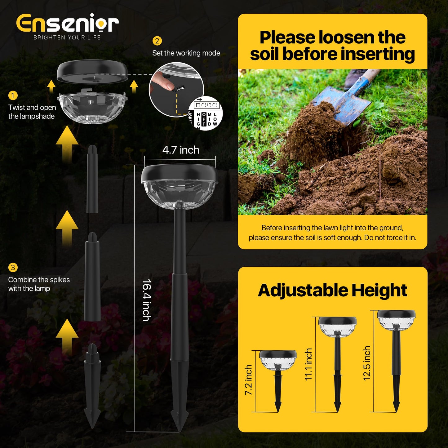 Ensenior Solar Pathway Lights Outdoor, 8-Pack Adjustable Height LED Lights Outdoor Waterproof IP65 for Garden Landscape, Auto On/Off Solar Powered Yard Lights for Walkway (Warm White)
