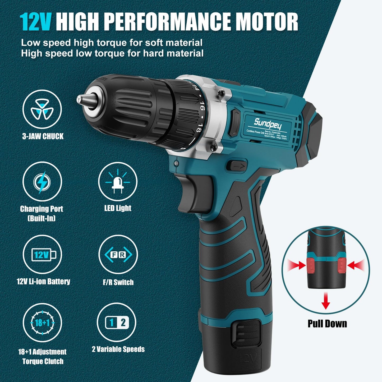 Sundpey Tool Kit 206PCs with Drill - 12V Cordless Power Drill Combo Home Tool Set - Portable Basic General Household Toolbox for Men Women for Garden Office House Repair (Screwdriver Set & Pliers Set)