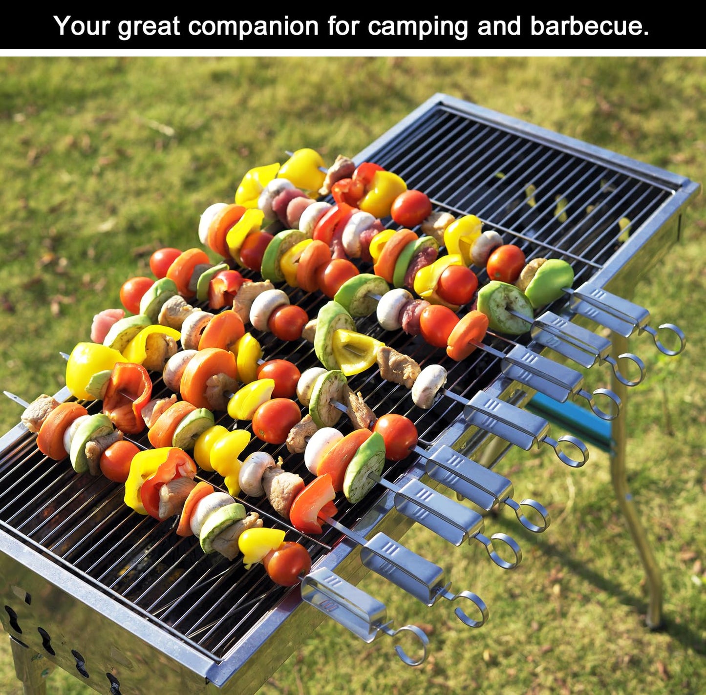 ESOW Metal BBQ Skewers for Grilling-16.83" Long Flat Kebab Sticks with Push Bar, Stainless Steel 304 Shish Kabob Skewers for Camping, Set of 8 with Bag