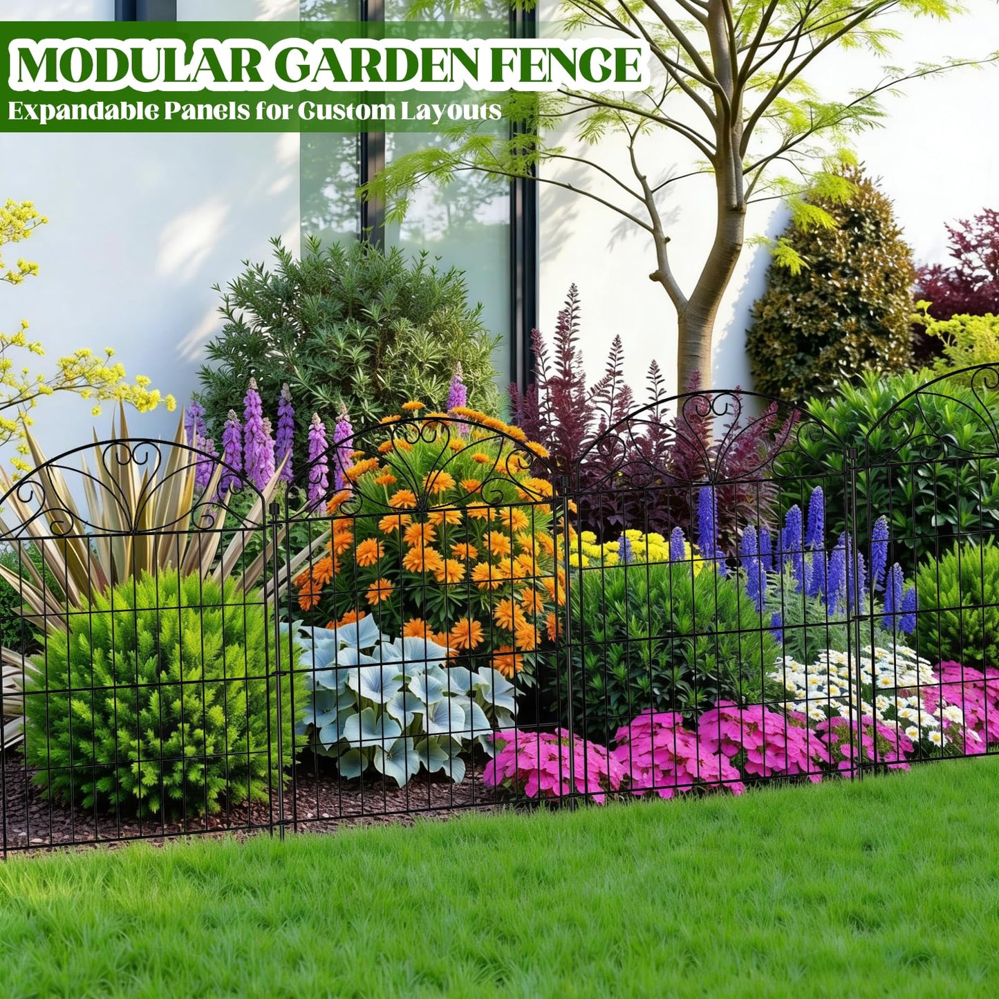 6 Panels No Dig Garden Fence with Gate, 32" H x 11ft, Decorative Metal Animal Barrier Dog Fence Outdoor for Yard, Walk-Through Iron Fencing for Flower Bed, Patio & Vegetable Garden
