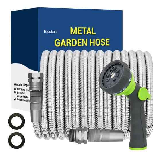 75 FT Stainless Steel Garden Hose – Heavy Duty 304 Metal Hose, 500+ PSI Burst Strength, No-Kink, Dog Bite & Puncture Resistant, Swivel-End Fittings, 8-Mode Nozzle for Large Gardens, Outdoor Use