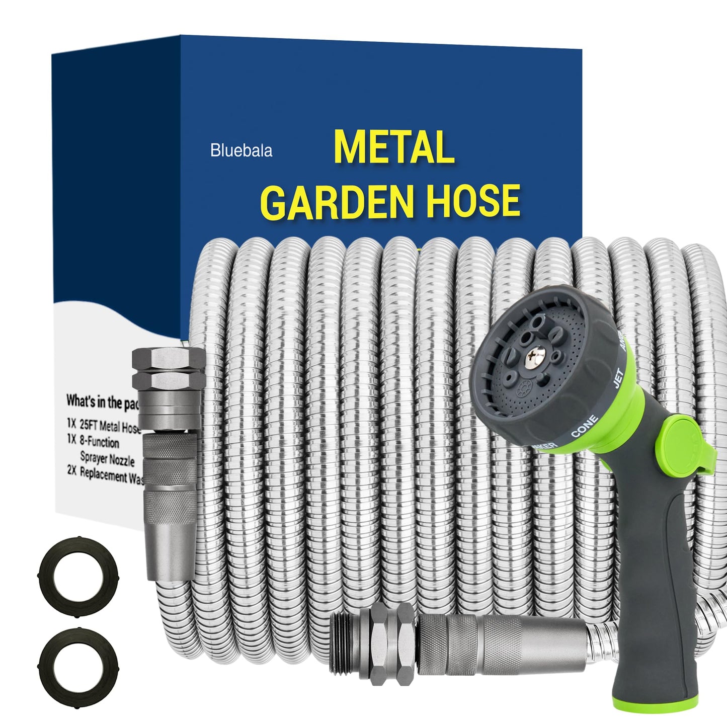 100 FT Stainless Steel Garden Hose – Long Reach 304 Steel Metal Water Hose, No-Kink, Leak-Proof Swivel Fittings, Puncture Resistant, 8-Pattern Nozzle for Large Yards, Driveways, Farm Tasks