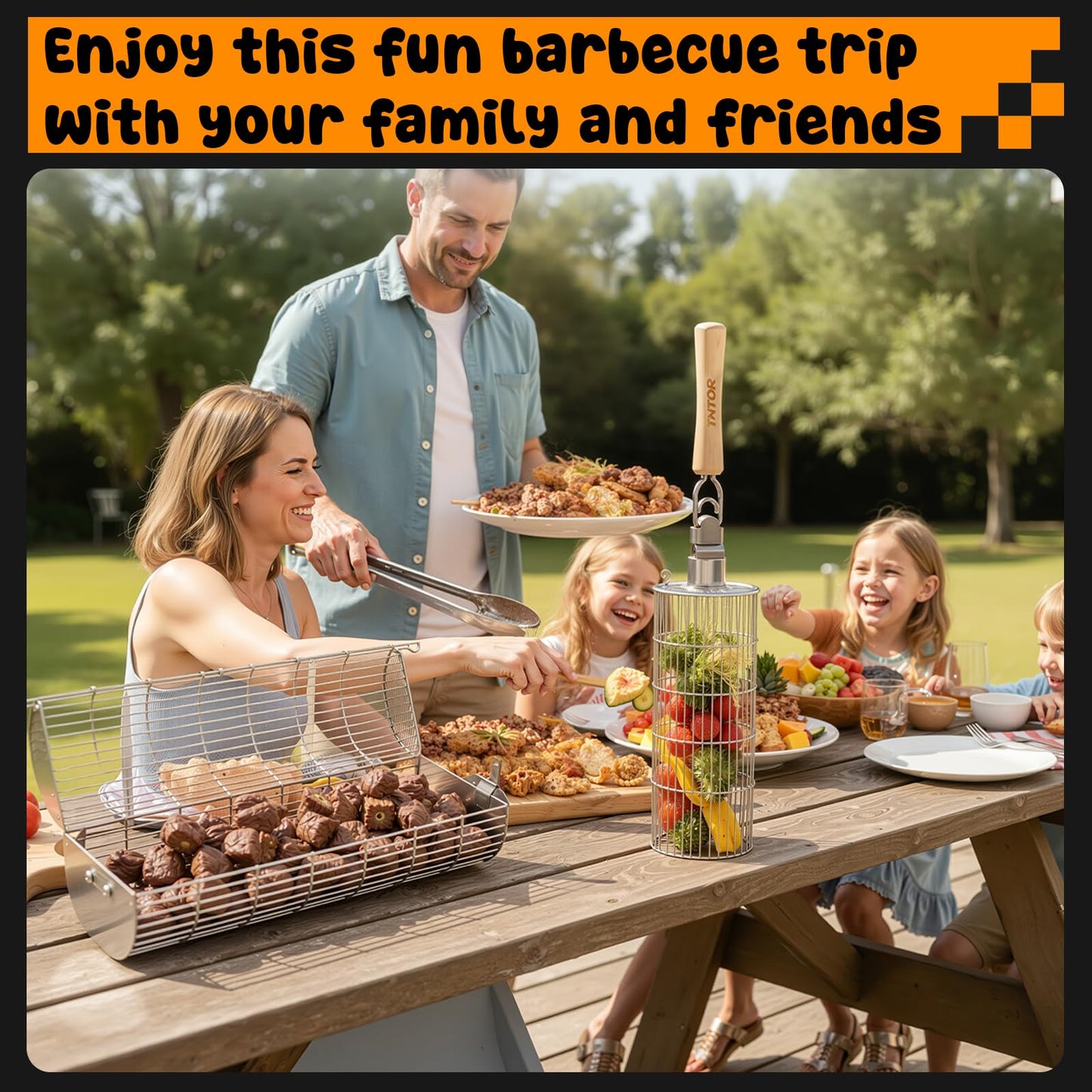 TNTOR Rolling Grill Basket, Larger 304 Stainless Steel Nesting Grilling Net, Removable Handle, BBQ Accessories Tools for Veg Shrimp, Outdoor Cooking Camping grilling gifts for men Dad Husband