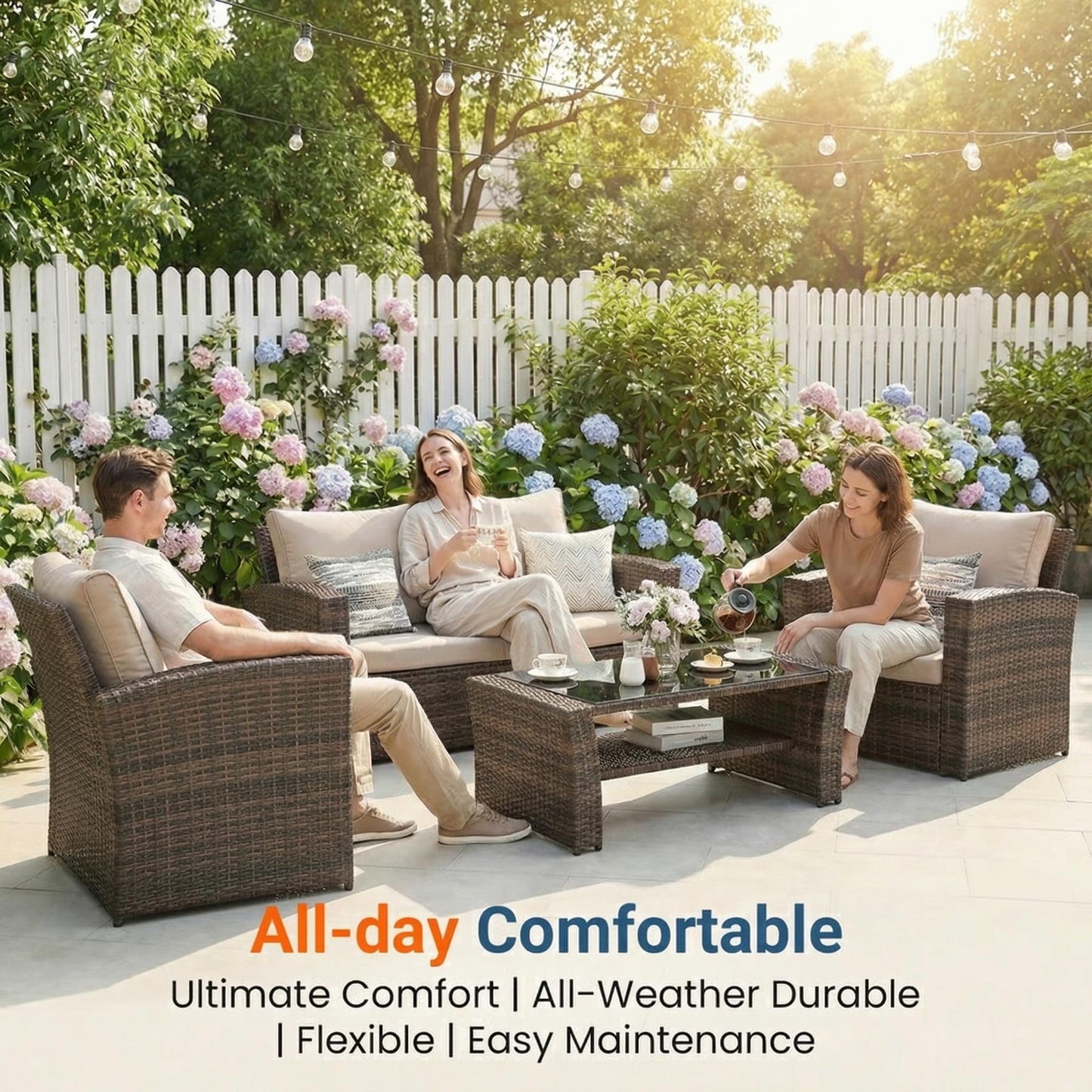 Wisteria Lane Patio Furniture Set, Wicker Outside Outdoor Furniture for All Weather, Patio Sofa with High Backrest Support and Wide Armrest for Backyard, Balcony, Deck, Porch, Brown