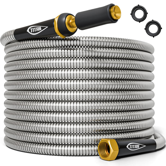 TITAN Garden Hose 150FT - 304 Stainless Steel Metal Water Hose, Flexible, Kink-Free, Lightweight, Durable Crush Resistant Fittings, Easy to Coil, 500 PSI