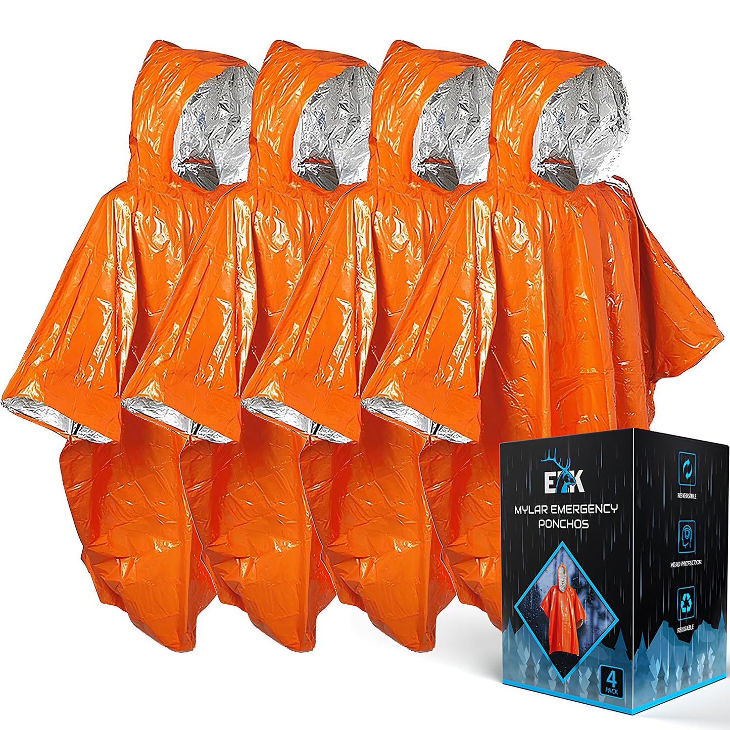 ELK Emergency Poncho 4-Pack - Heat Retention, Mylar Reversible Thermal Raincoat Blanket, Reflective for Increased Visibility - Outdoor Camping Survival Gear