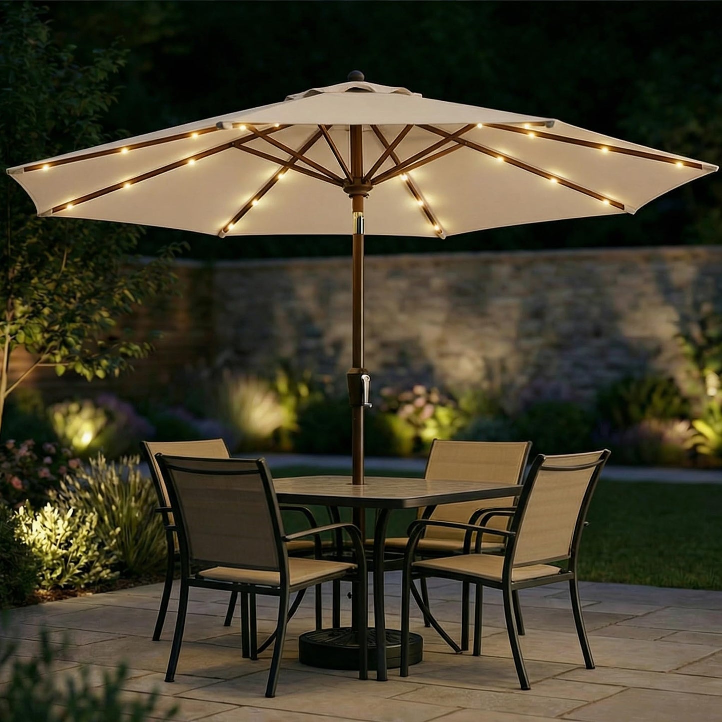 Patio Kingdom 10FT Solar Patio Umbrella with Lights, Outdoor Table Market Umbrella with 32 LED Lights, 8 Sturdy Ribs, Push Button Tilt and Crank for Pool, Deck and Garden, UV-Resistant, Beige