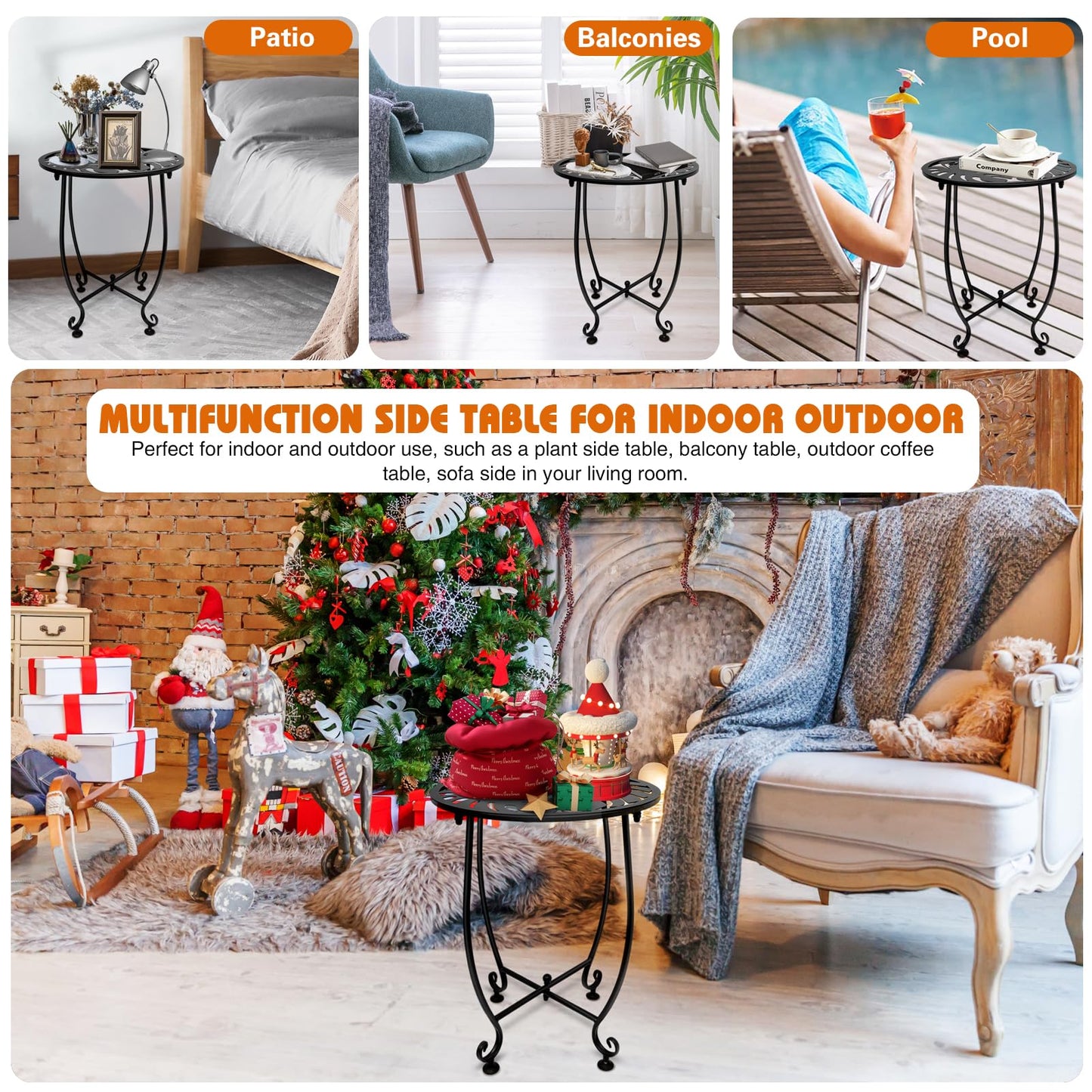 Plant Castle Outdoor Side Table for Small Spaces, 2 Pack 14 Inch Round Metal End Table for Patio Balcony Yard Porch, Anti-Rust Waterproof Accent Table for Indoor Outdoor Use, Easy Assembly