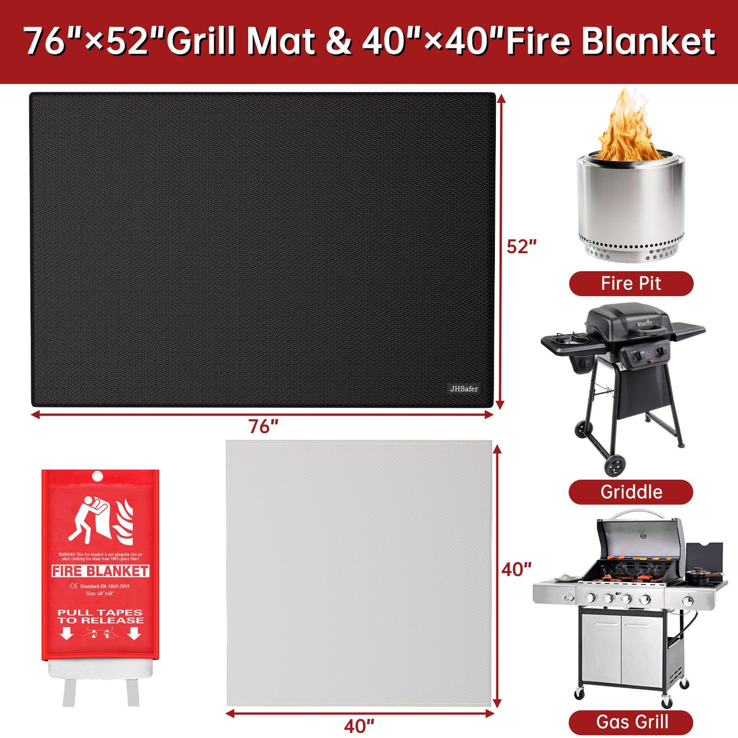 JHSafer Large 76" x 52" Under Grill Mat with 40" x 40" Fire Blanket, Double-Sided Fireproof Grill Pad for Outdoor Grill,Indoor Fireplace Fire Pit Mat, Waterproof Oilproof BBQ Mat for Deck Patio Lawn