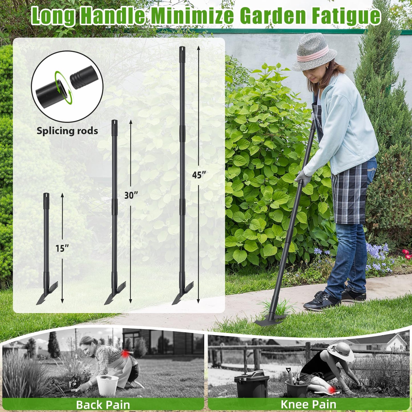 Garden Hoe,2 in 1 Heavy Duty Scuffle Weeding Hoe Garden Tool with Shaped Edge, 45 inch Long Handle, Hand Weeding Rake Action Hoe for Weeding Gardening Grass Weed Moss Removal
