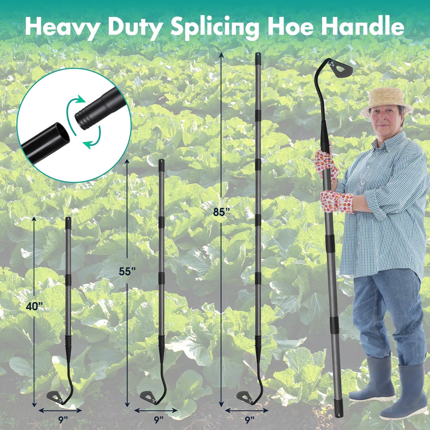 VUGHIUA Hoe Garden Tool, 69 Inch Hardened Hollow Eye Hoes for Weeing, Heavy Duty Weeding Tool with Splicing Adjustable Long Handle, Rustproof Metal Gardening Tools for Garden Flower Beds