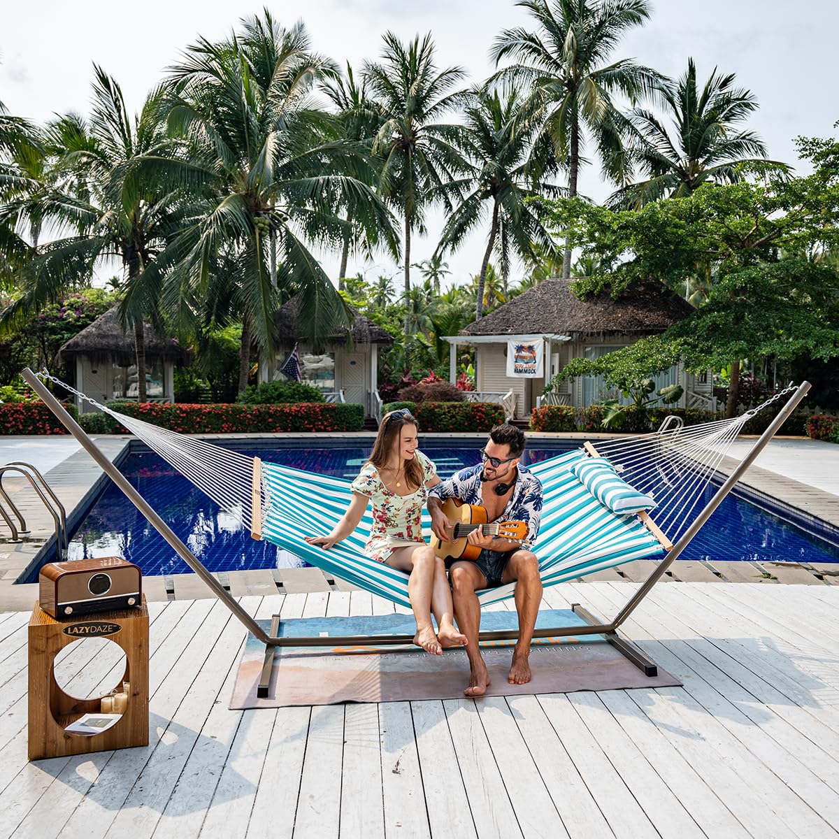 Lazy Daze Hammocks 12FT Quilted Fabric Double Hammock with Spreader Bars and Detachable Pillow, 2 Person Hammock for Outdoor Patio Backyard Poolside, 450 LBS Weight Capacity, Sailor Stripe