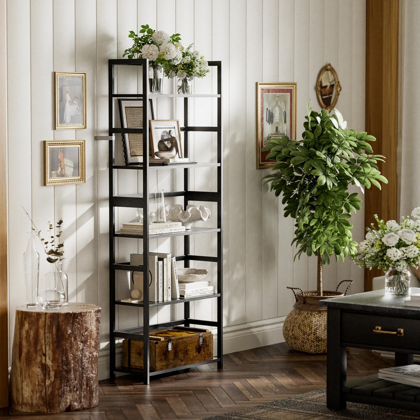 vovala 5-Tier Bamboo Wood Ladder Bookshelf, Tall Display Storage Shelf, Large Bookcase Modern Industrial Stand Organizer for Home, Office, Living Room, Kitchen, Bedroom, Black