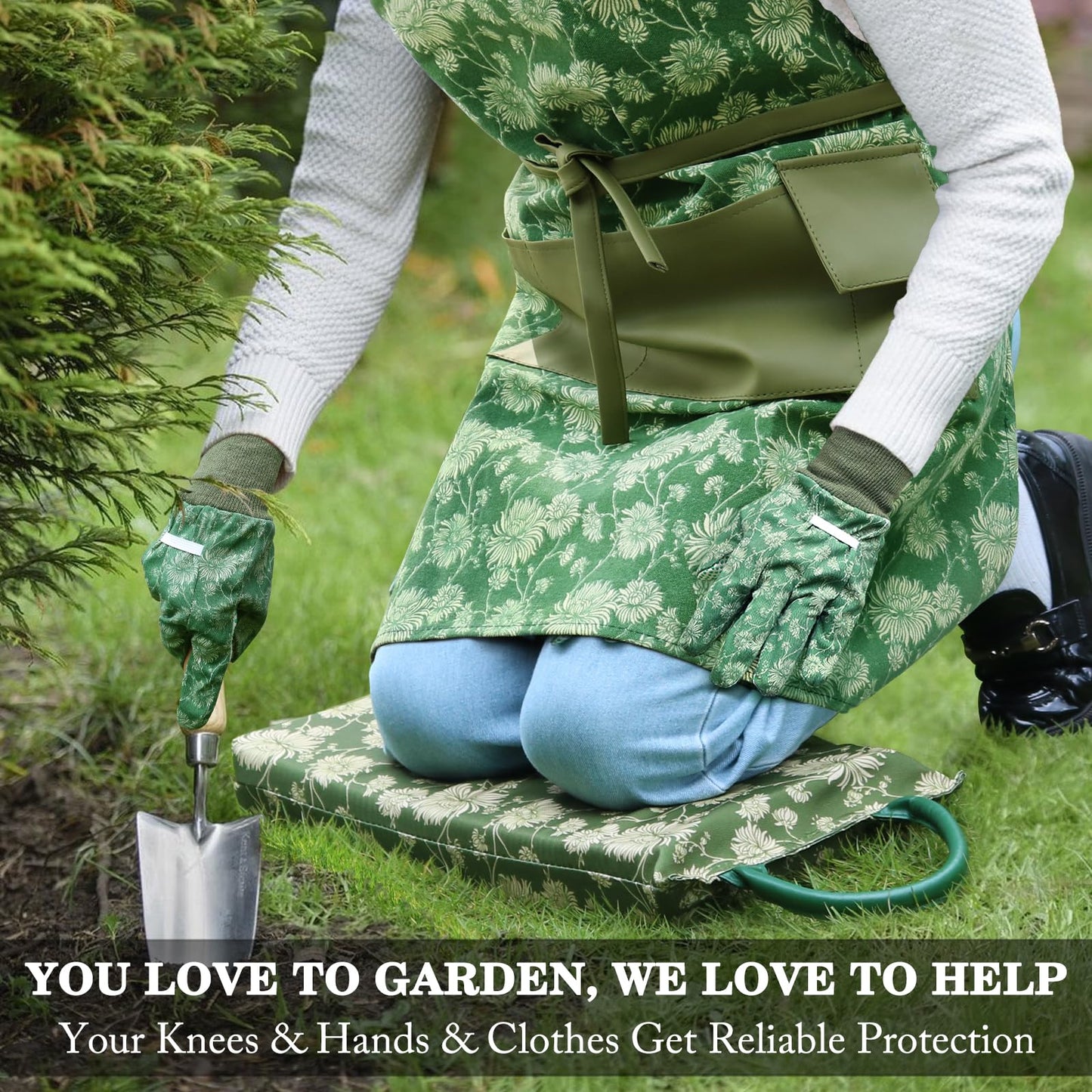 Colwelt Gardening Foam Kneeling Pad Set, Gardening Gifts for Women Gardeners, Elegant Pattern Garden Knee Pad Set, Charming Garden Supplies(Extra Thick Kneeling Mat, Garden Apron with pockets)