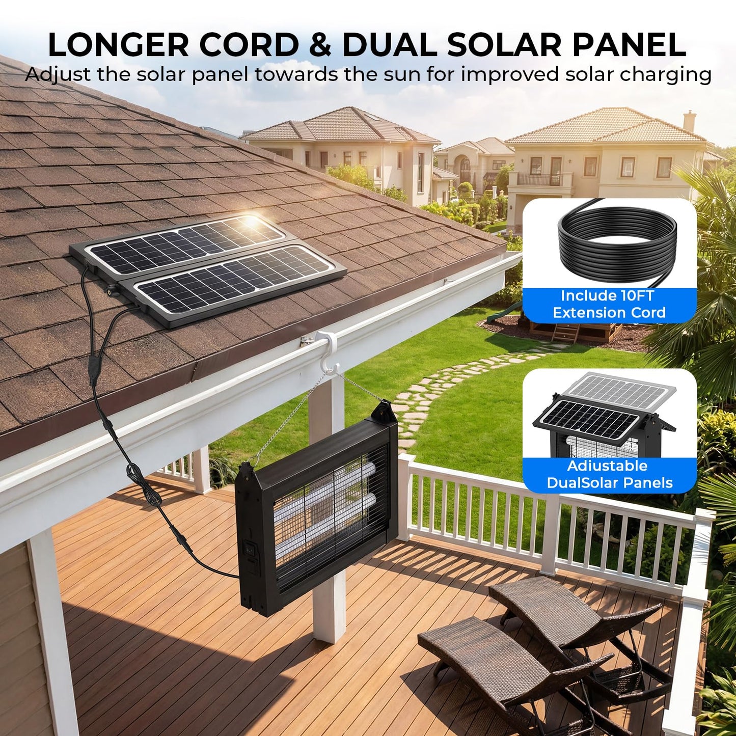 Upgraded Solar Bug Zapper Outdoor with Dual Panels, 4500V Cordless Rechargeable Fly Insect Killer Waterproof Electric Mosquitoes Zapper for Patio Garden Backyard RV Camping Pond