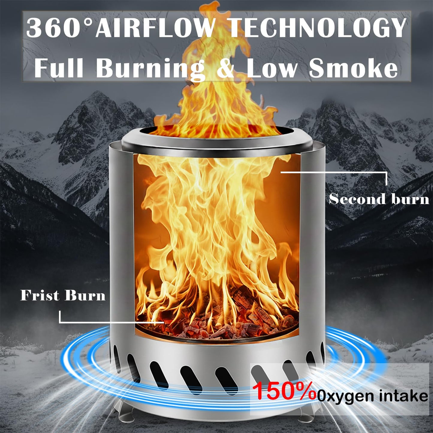 9.7 x 7.1 Inch Tabletop Fire Pit by AmazStove, Low Smoke Camping Stove for Outdoor Safe Burning Firepits, Fueled Pellets or Wood, Travel Bag Included (Silver, 9.7 x 7.1 INCH)