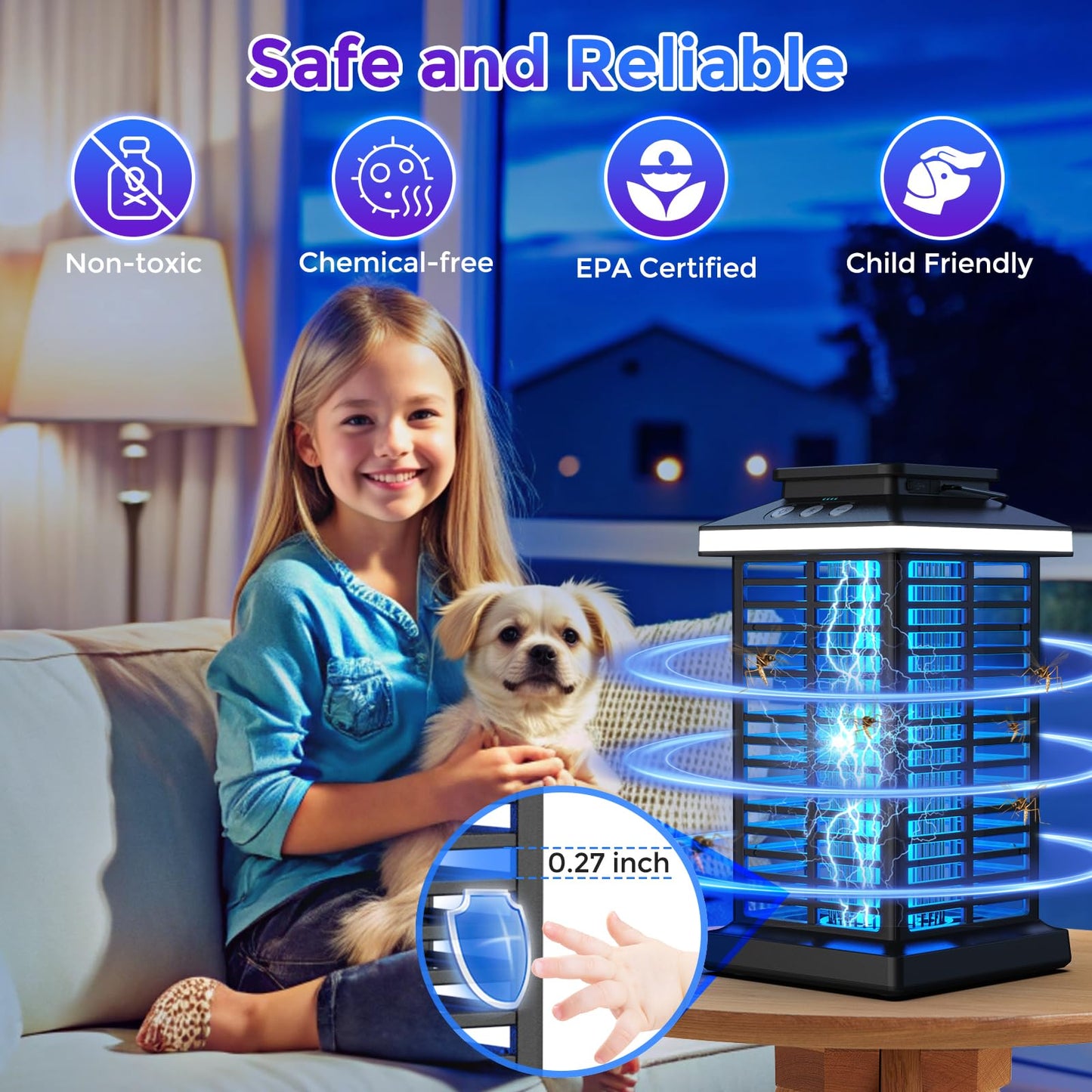 Bug Zapper Outdoor, Mosquito Zapper 3 in 1 Rechargeable Bug Zapper Outdoor with 5000mAh Battery & LED Night Light, 4000V Electric Fly Zapper for Outside,Patio,Backyard,Garden Black