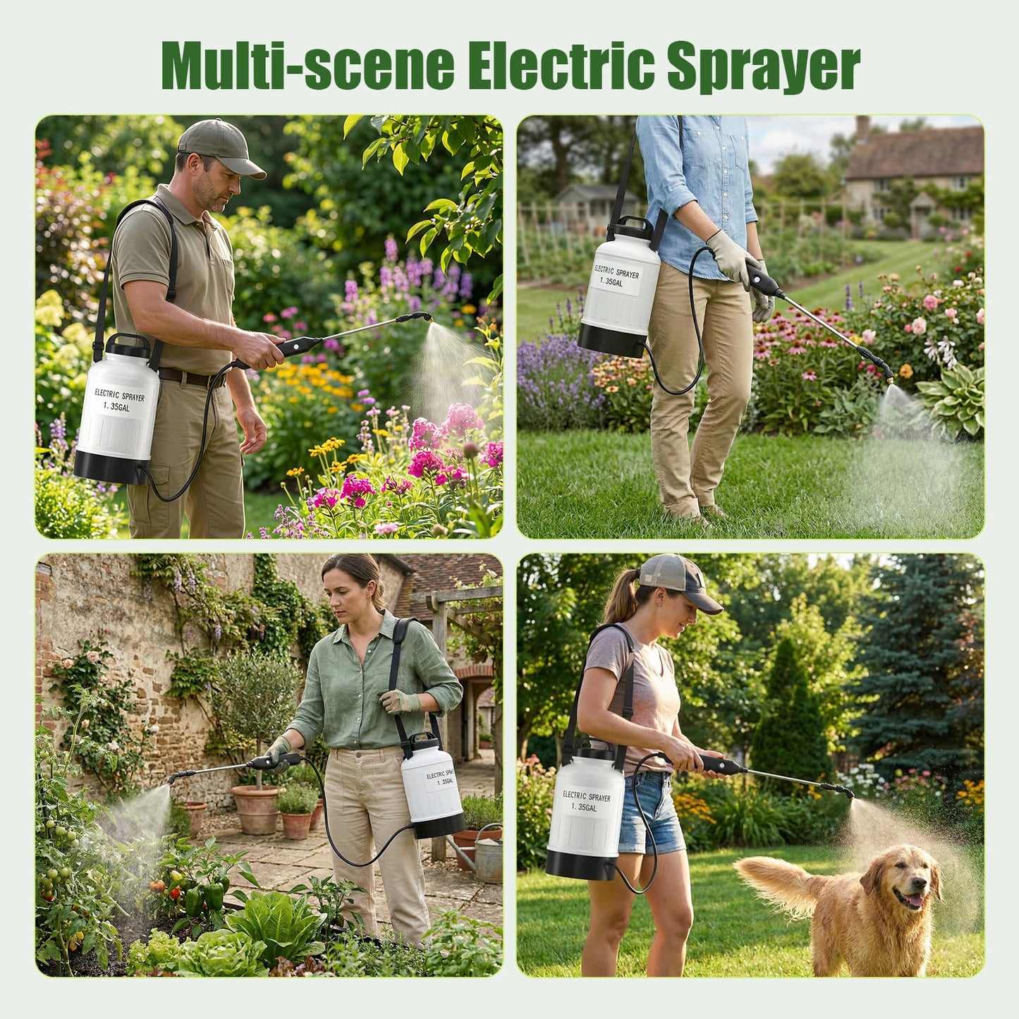 Battery Powered Electric Sprayer 1.35 Gallon Garden Pump Sprayer, Retractable Wand, 3 Mist Nozzles, USB Rechargeable Handle & Adjustable Shoulder Strap for Yard Lawn Planting