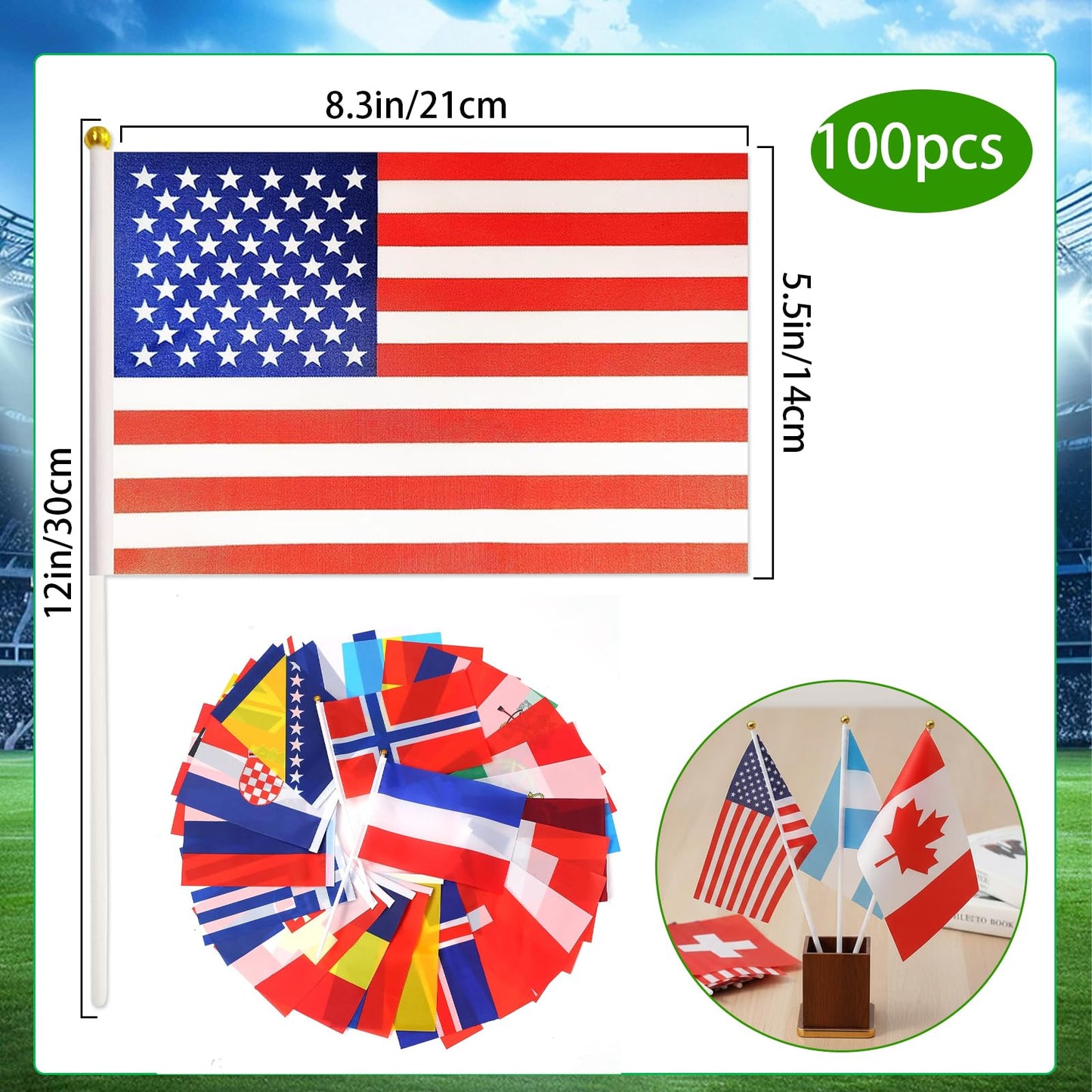 100 Countries International Flags of the World Mini Hand Held Flags Stick National Small Banner on Stick Party Decorations for Sports Events,World Cup,Olympic Festivals Celebration 2026 5x8 Inch