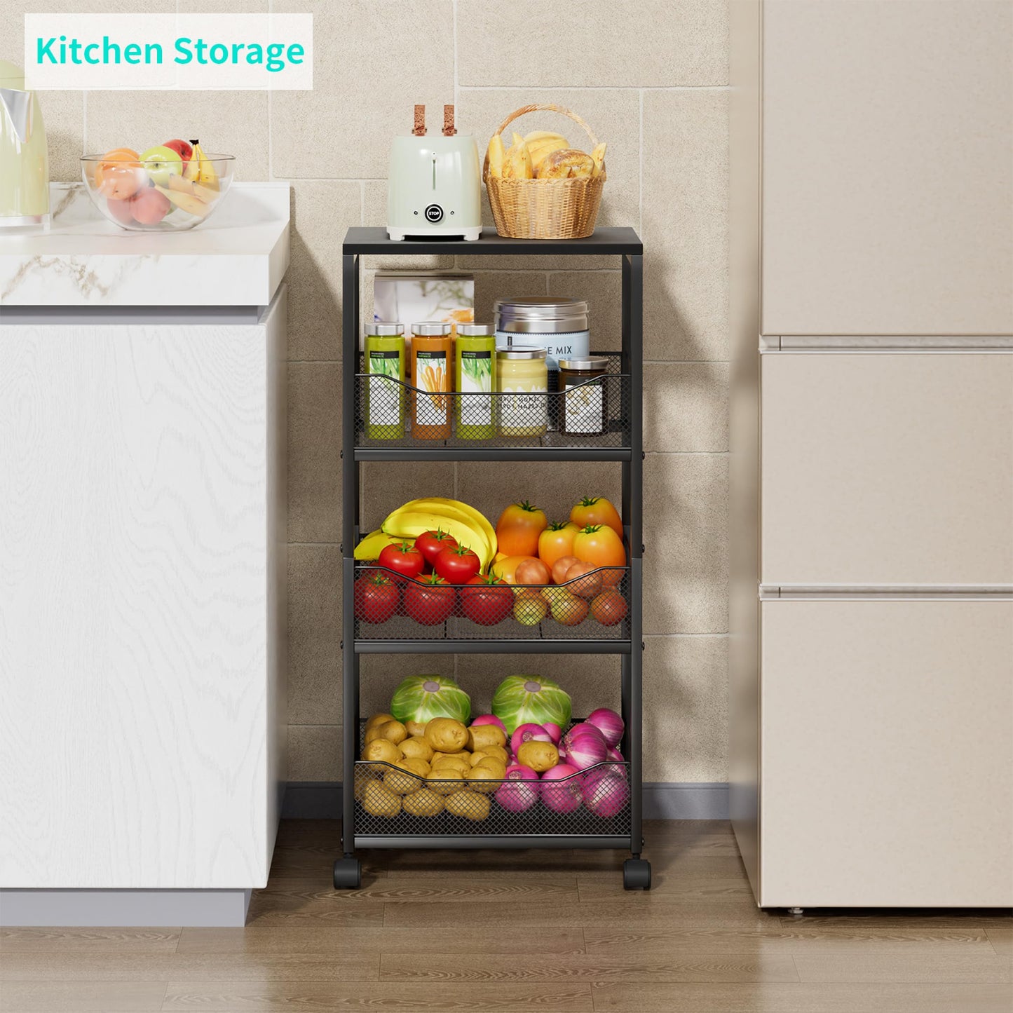 HapiRm Fruit Basket Kitchen Cart - 4-Tier Rolling Storage Cart with Wheels, Fruit Vegetable Basket with Wood Top, Pantry Utility Kitchen Organizer for Fruit Potato Onion Vegetable Bread Snack