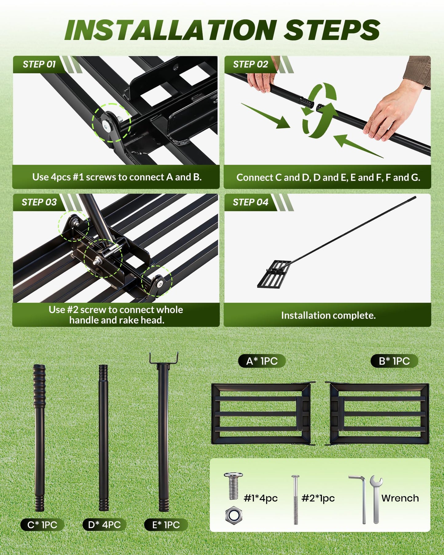 Sakerplus Lawn Leveling Rake 30 Inch, Landscaping Lawn Leveler, Heavy-Duty Yard Leveling Rake for Soil, Sand, Compost & Fertilizer, Fixed Handle Ground Leveler for Yard