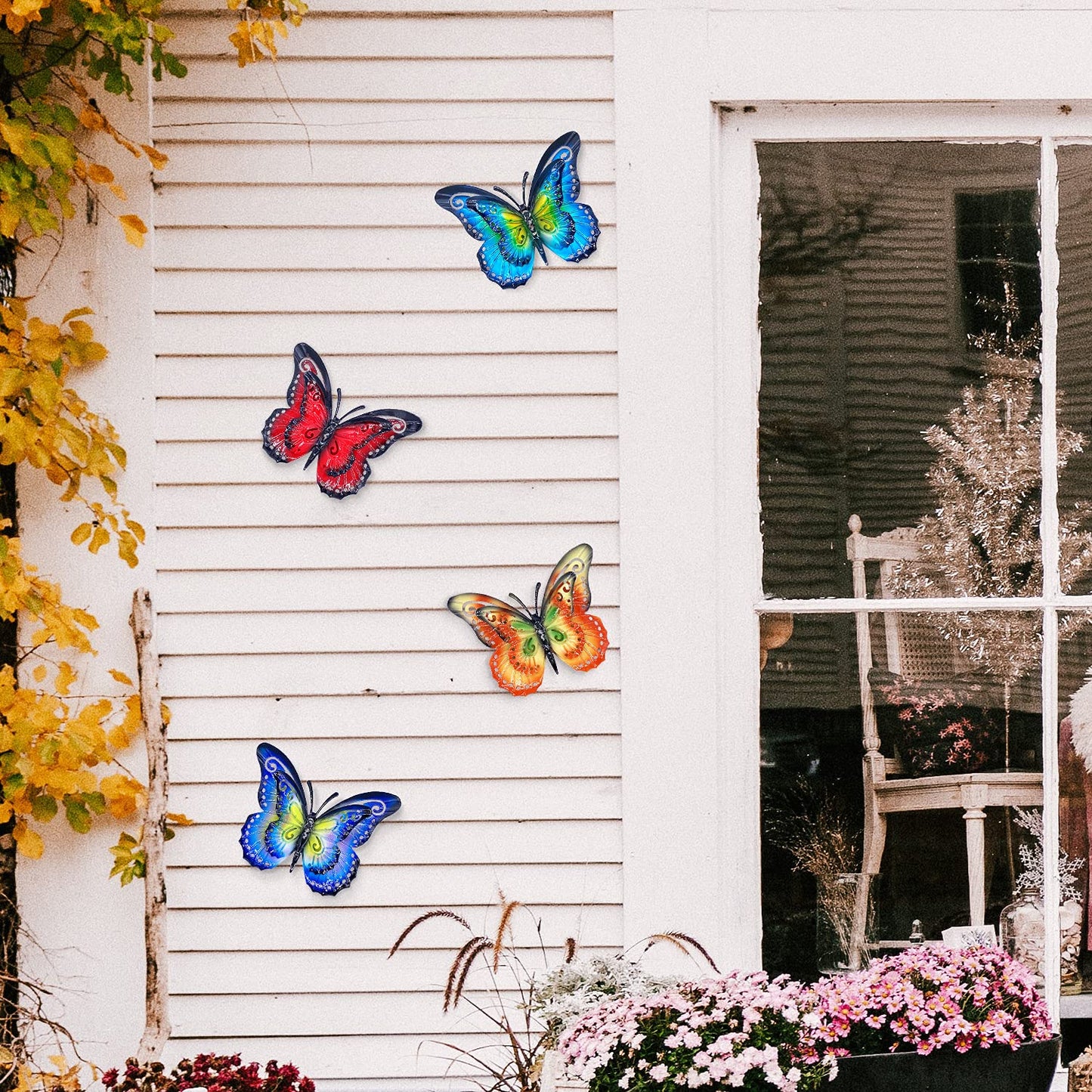 Metal Butterfly Outdoor Wall Decor- 6.5'' Double Wings Butterflies, Hanging Decorations for Fence Garden Yard Patio