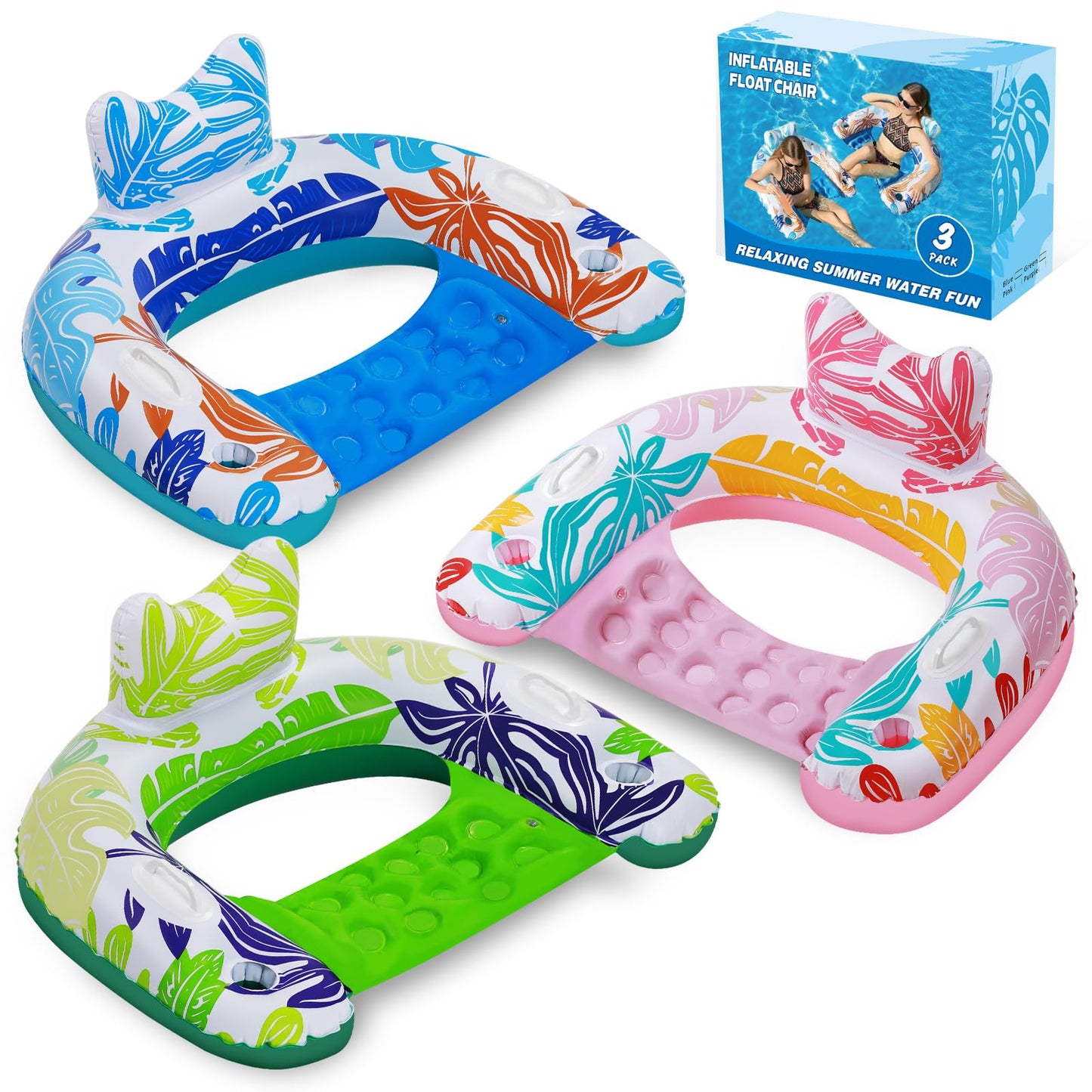 BSIEZC Pool Floats Adult, 3Pack Inflatable Pool Floats Chair, U-Shaped Pool Float Lounger with Comfortable Headrest, Cup Holders Sturdy Handles, Portable Pool Floaties for Adults Kids Beach Pool Lake