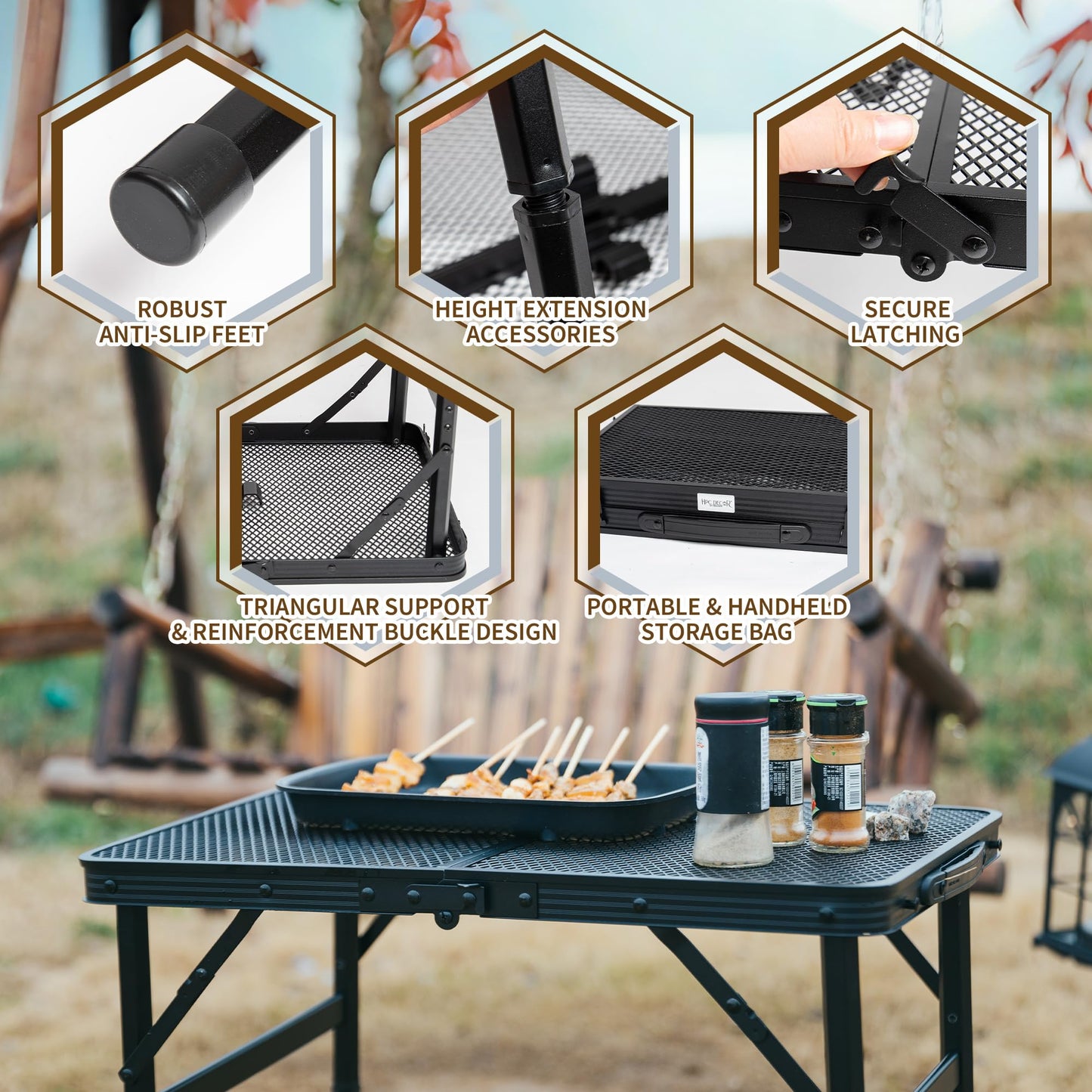 HPC Decor Folding Grill Table-Camping Table with Mesh Desktop,Portable Picnic Table with Carry Handle,27/56cm Height Adjustable Metal Table-Outdoor Grill Table,Folding Table for Outside Inside Use.