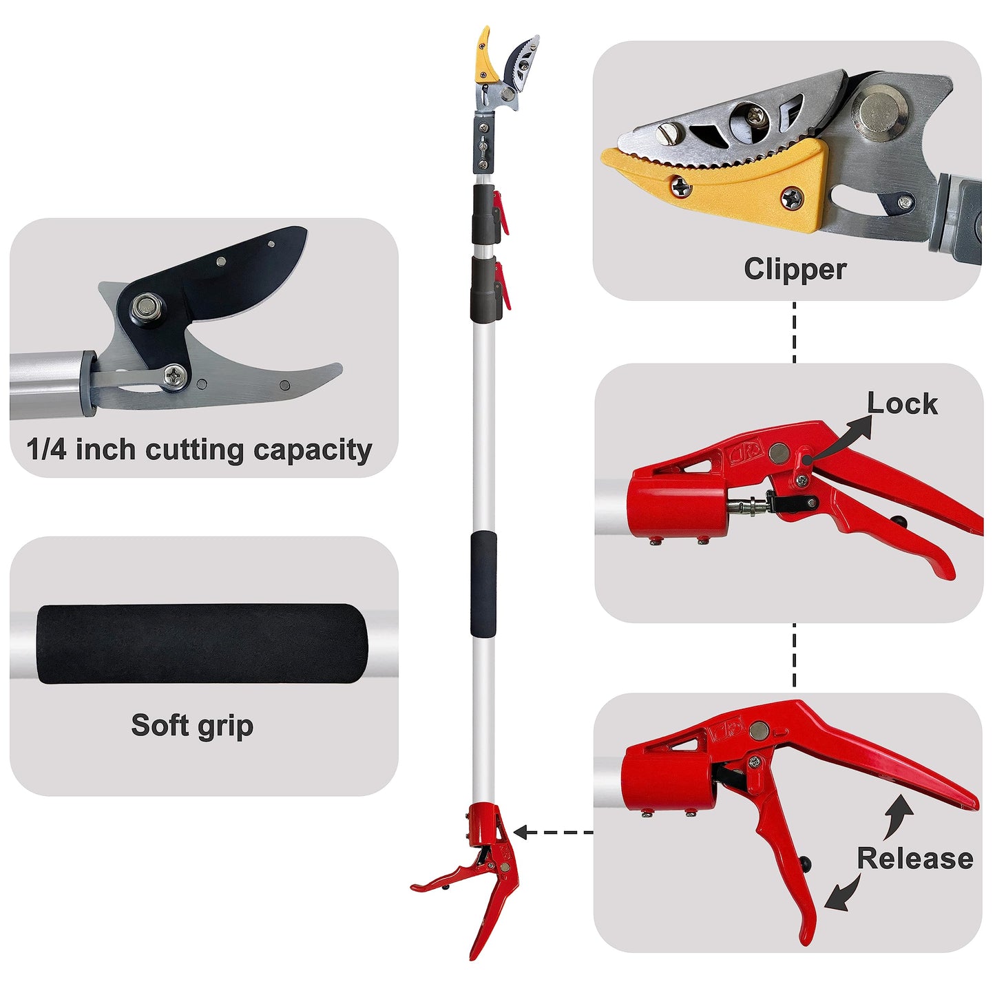 Prunrt Telescopic Tree Trimmer 4.5-10 FT with 3 Section Length Adjustable, Cut and Hold Pruner, Pole Saw Extendable, Long Handle Fruit Picker, Branch Cutter, Clippers, Loppers
