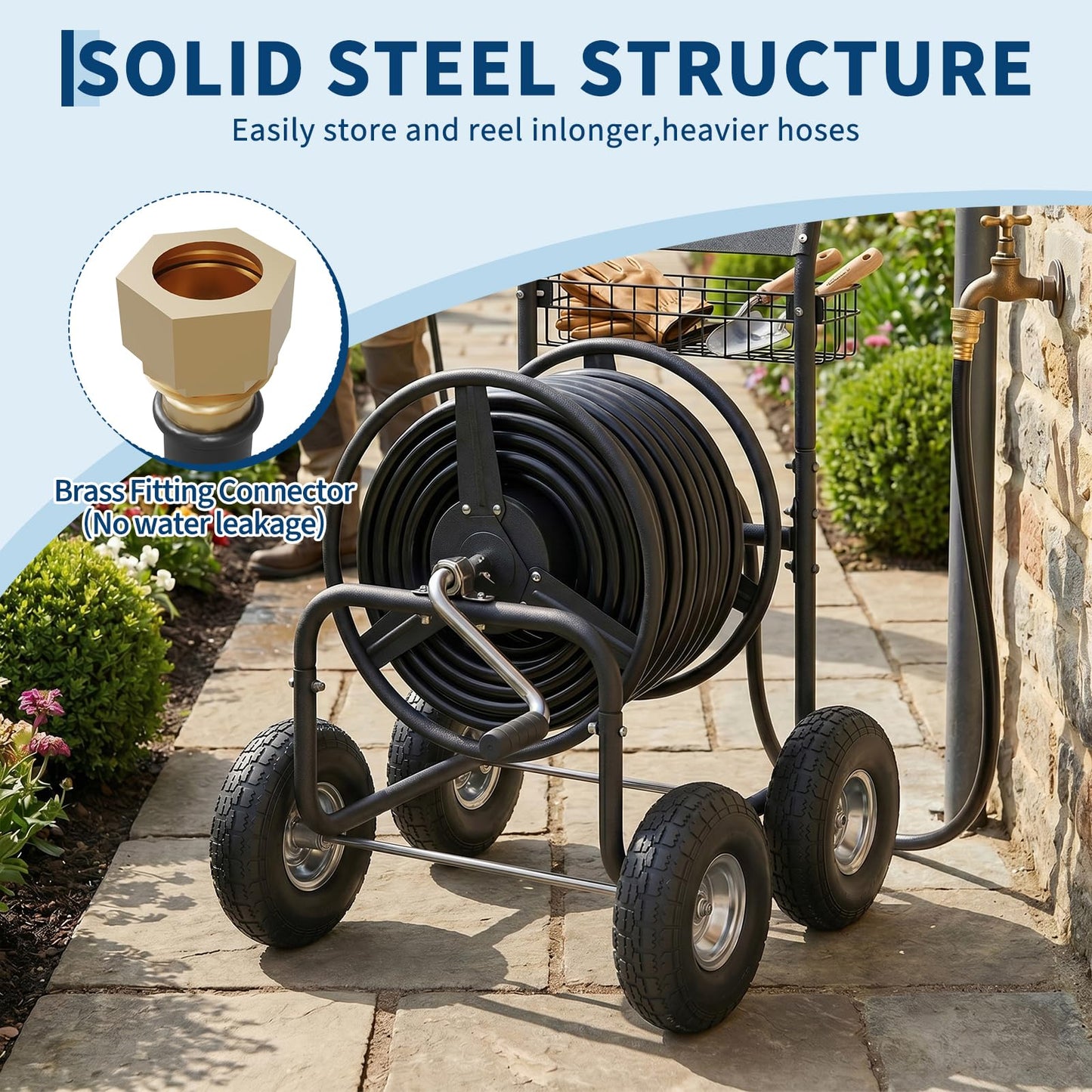 Garvee Garden Hose Reel Cart with Wheels, Hold Up to 300 ft of 5/8’’ Hose, Heavy Duty Water Hose Reel with Storage Basket, 4 Large Pneumatic Tires, Mobile Outdoor Hose Storage for Garden, Yard, Farm
